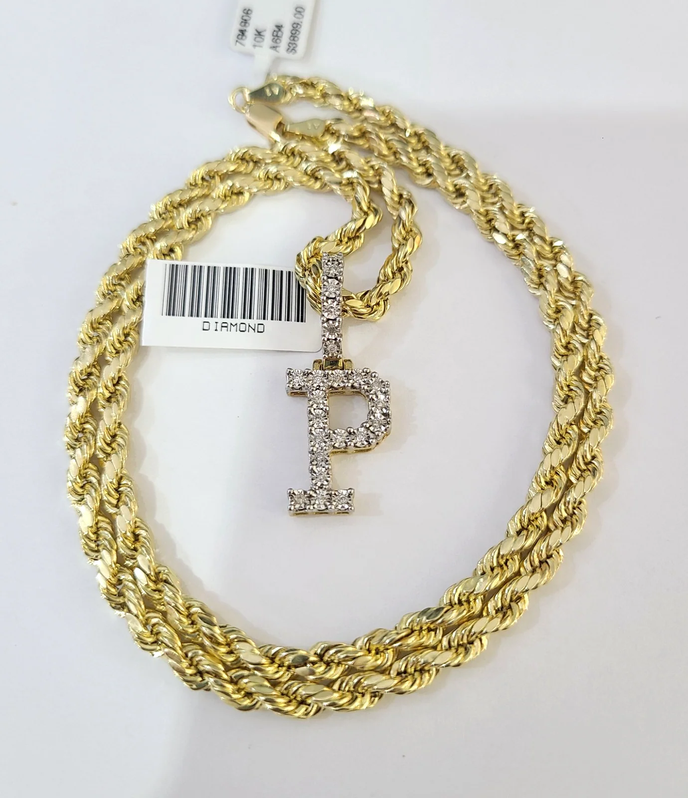 10k Rope Chain P Diamond Initial Charm Necklace Pendant Set 4mm 20"-30" Gold - Image 2