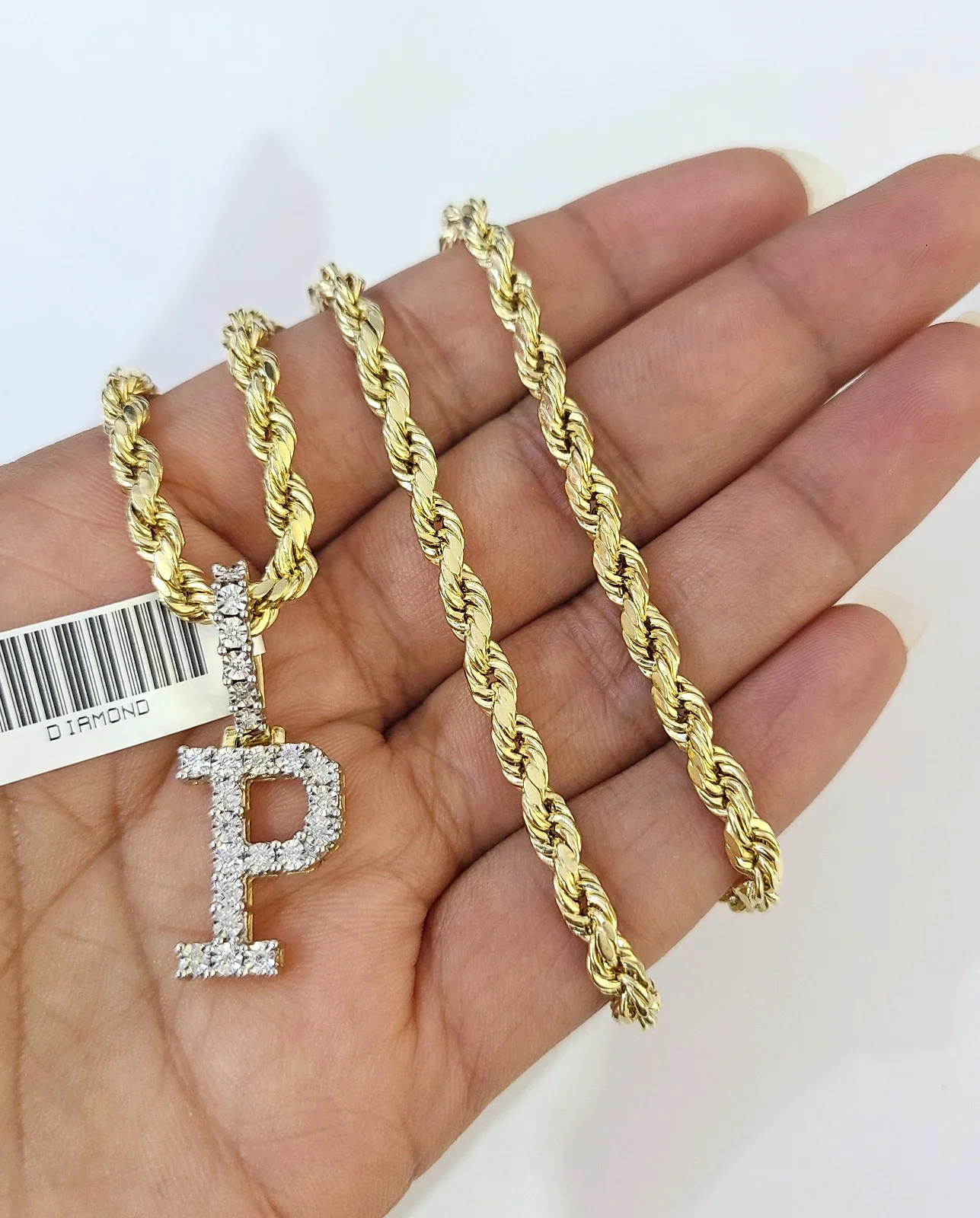 10k Rope Chain P Diamond Initial Charm Necklace Pendant Set 4mm 20"-30" Gold - Image 4