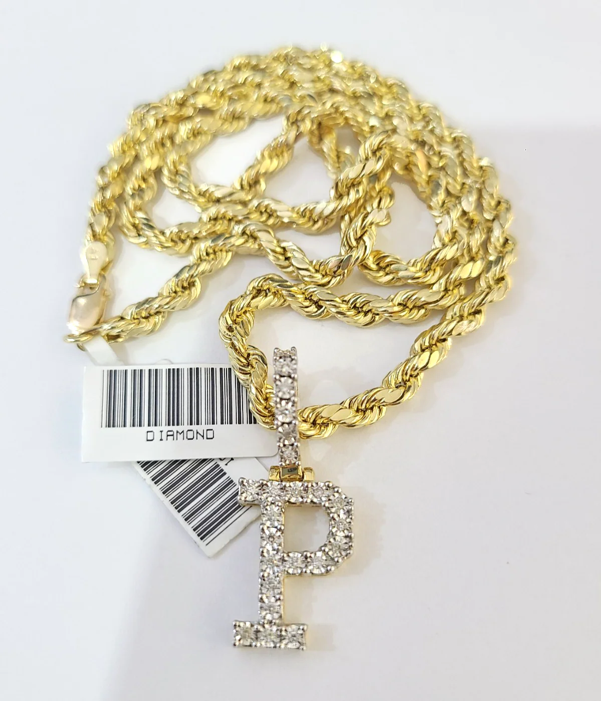 10k Rope Chain P Diamond Initial Charm Necklace Pendant Set 4mm 20"-30" Gold - Image 5