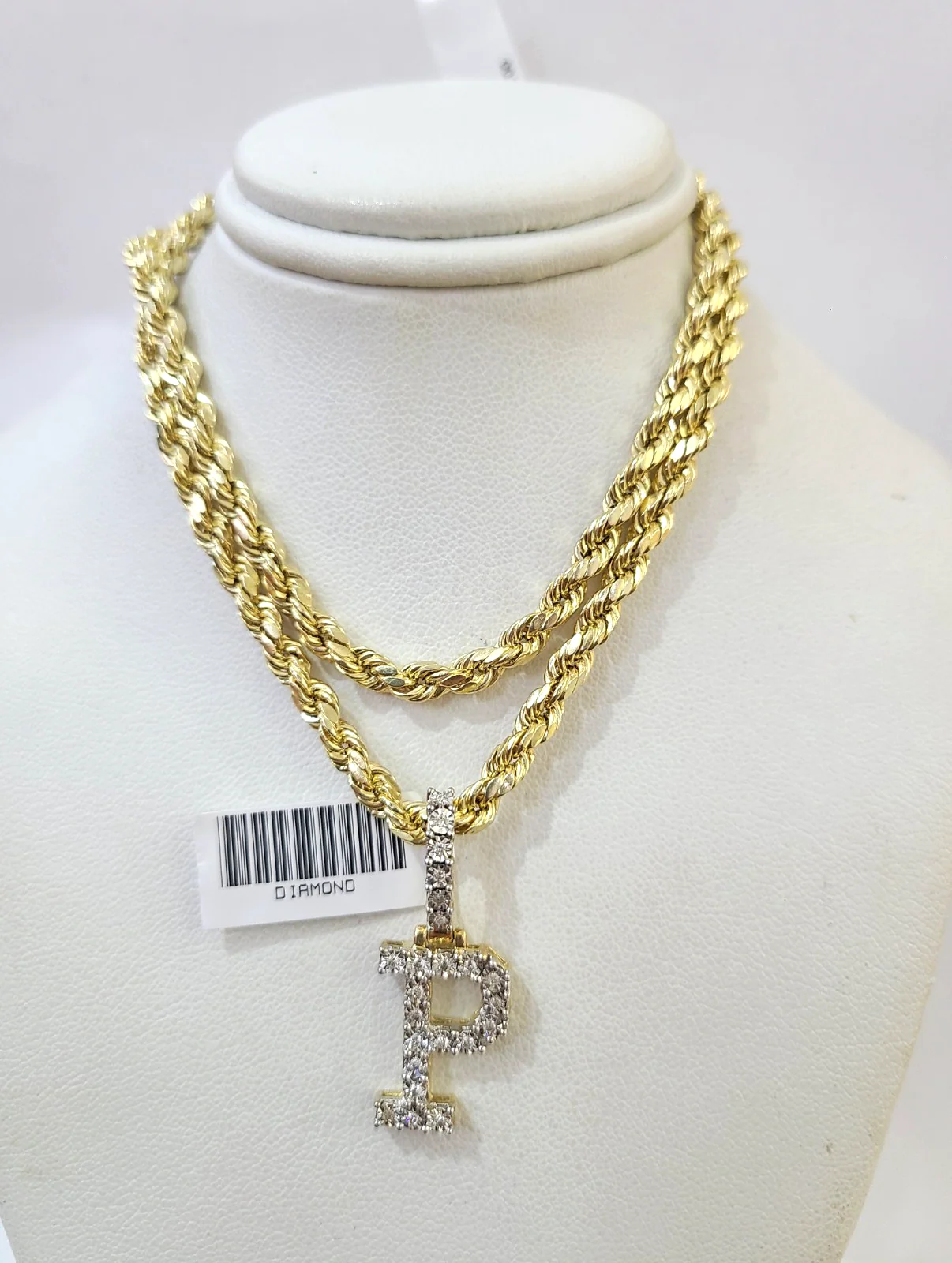 10k Rope Chain P Diamond Initial Charm Necklace Pendant Set 4mm 20"-30" Gold - Image 8