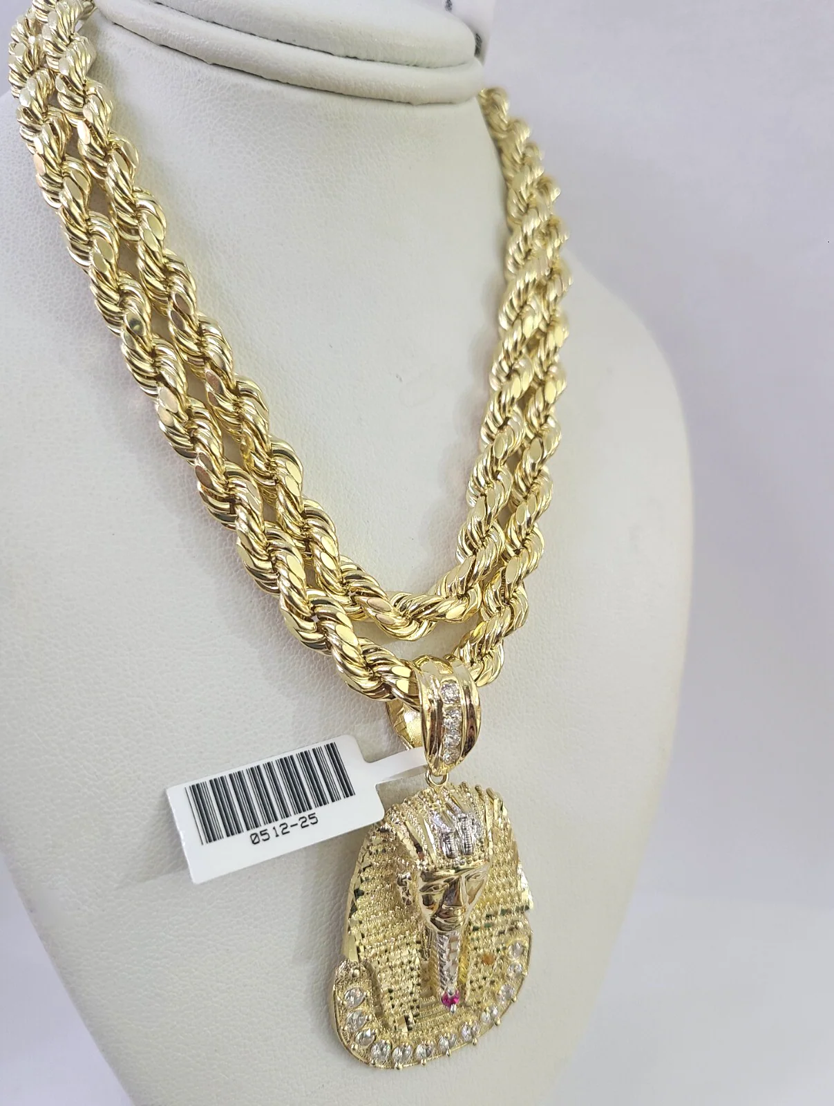 10k Rope Chain Pharaoh Head Charm Pendant Yellow Gold 18"-30'' Inch 7mm Necklace - Image 3