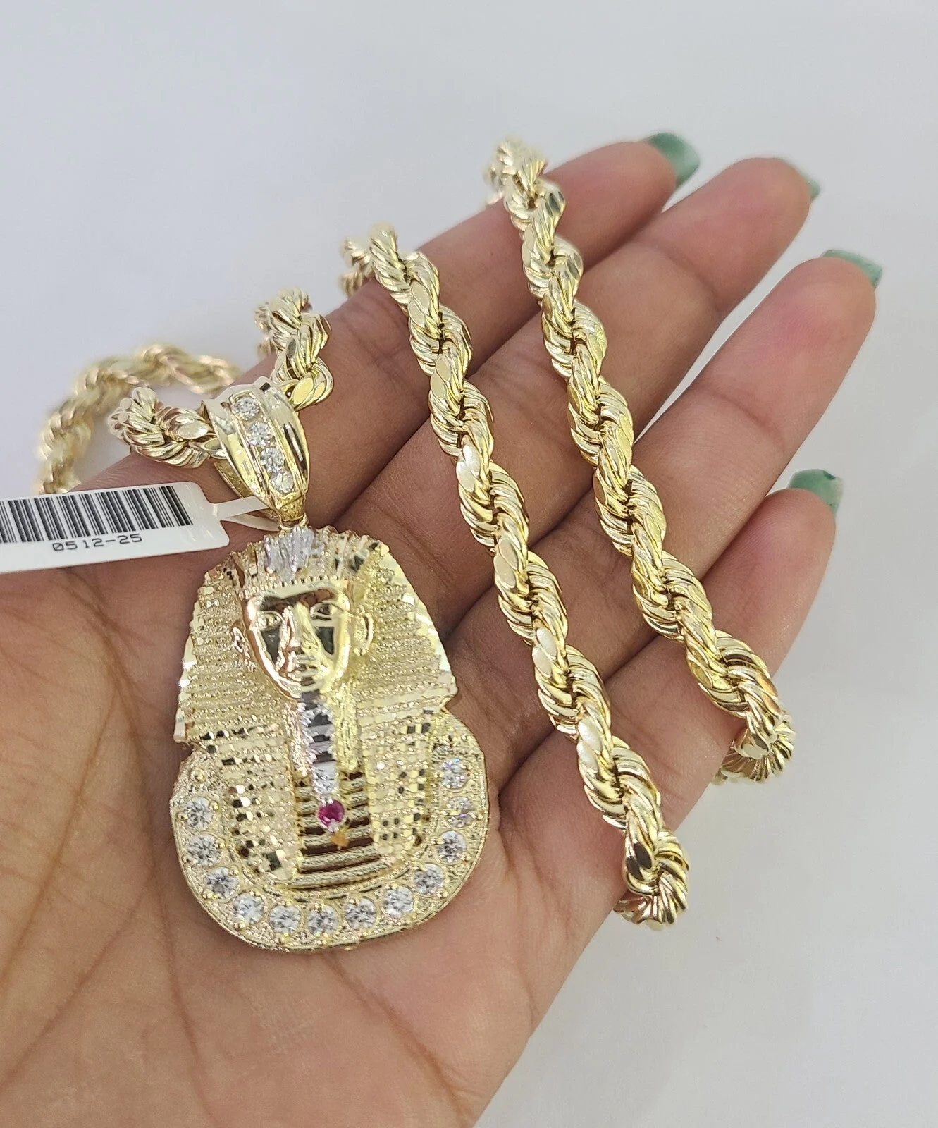 10k Rope Chain Pharaoh Head Charm Pendant Yellow Gold 18"-30'' Inch 7mm Necklace - Image 5