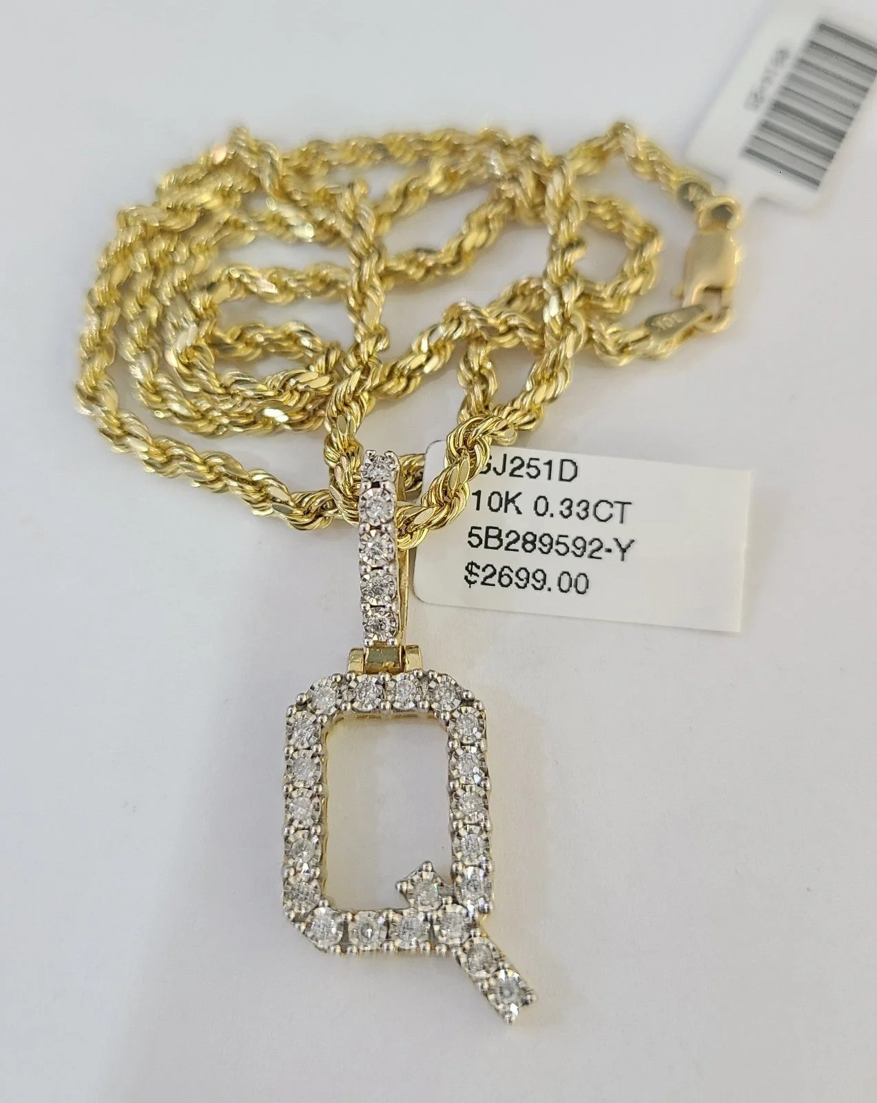 10k Rope Chain Q Diamond Initial Charm Necklace Pendant Set 2mm 18"-24" Gold - Image 5