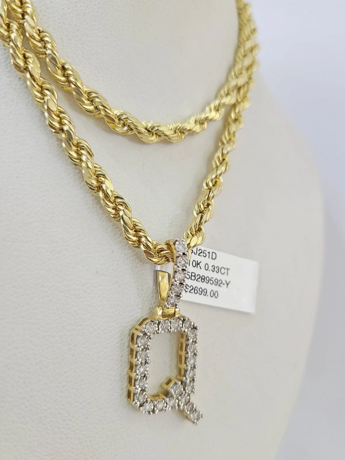 10k Rope Chain Q Diamond Initial Charm Necklace Pendant Set 4mm 20"-30" Gold - Image 3