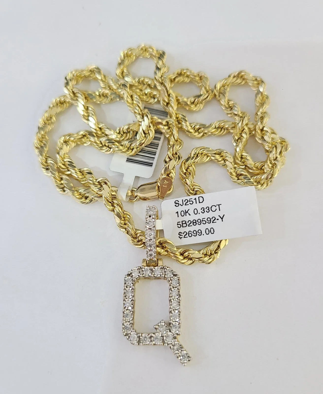 10k Rope Chain Q Diamond Initial Charm Necklace Pendant Set 4mm 20"-30" Gold - Image 4