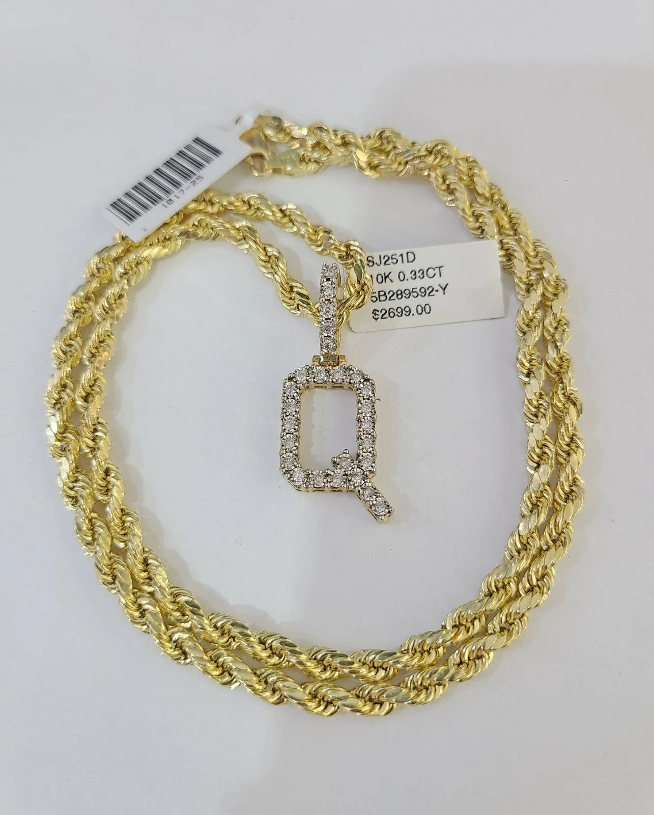 10k Rope Chain Q Diamond Initial Charm Necklace Pendant Set 4mm 20"-30" Gold - Image 5