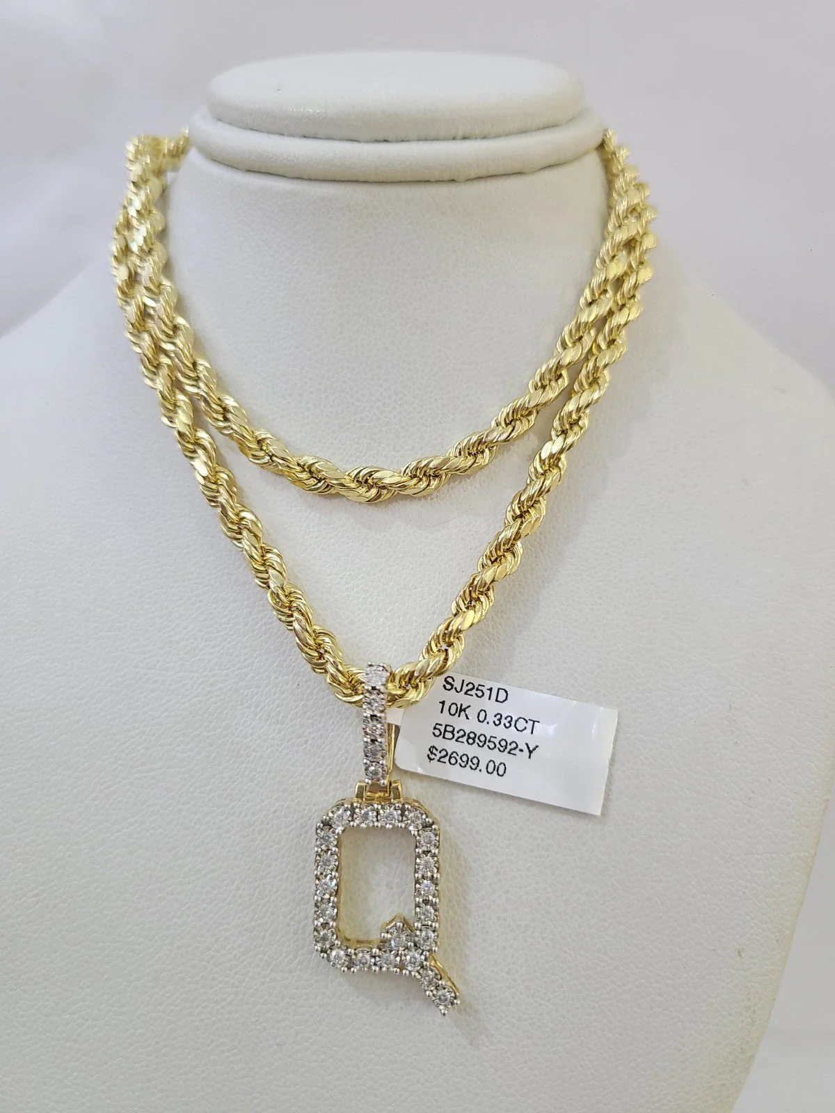 10k Rope Chain Q Diamond Initial Charm Necklace Pendant Set 4mm 20"-30" Gold - Image 6