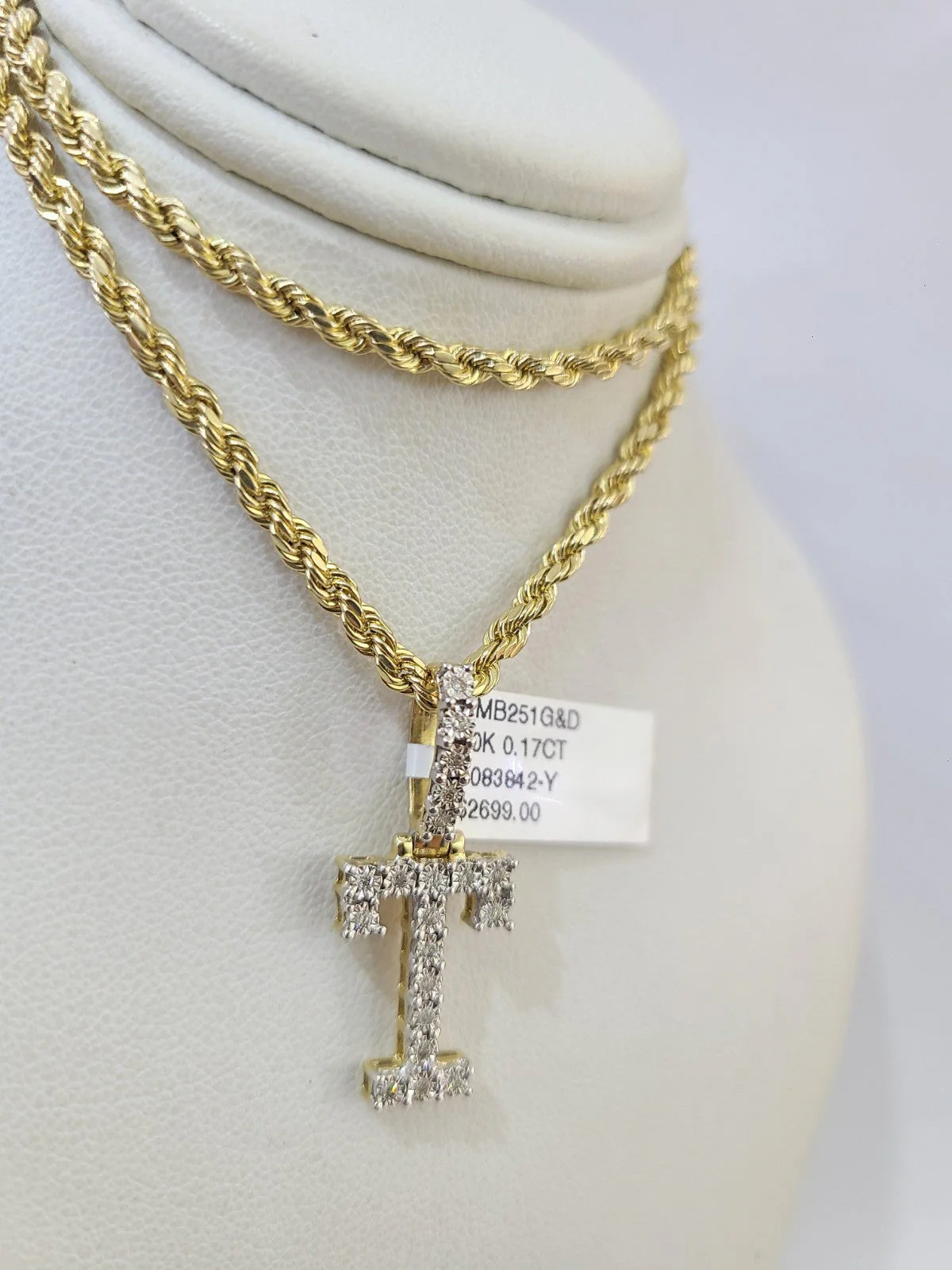 10k Rope Chain T Diamond Initial Charm Necklace Pendant Set 2mm 18"-24" Gold - Image 3