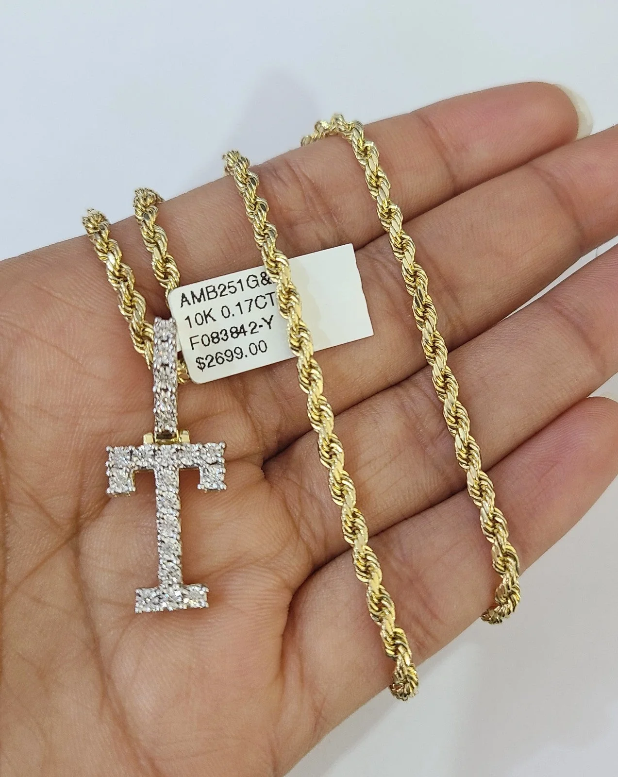 10k Rope Chain T Diamond Initial Charm Necklace Pendant Set 2mm 18"-24" Gold - Image 4