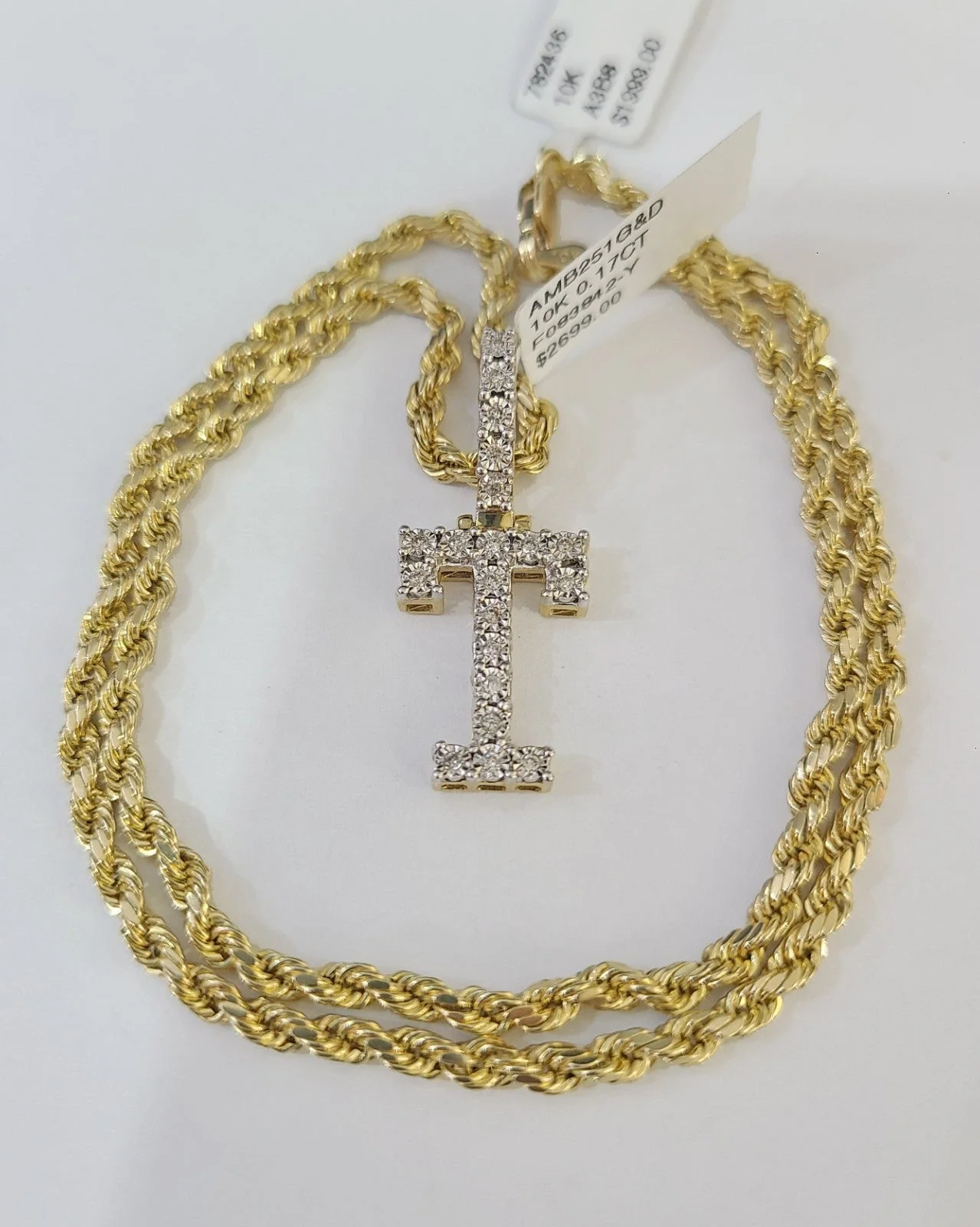 10k Rope Chain T Diamond Initial Charm Necklace Pendant Set 2mm 18"-24" Gold - Image 5
