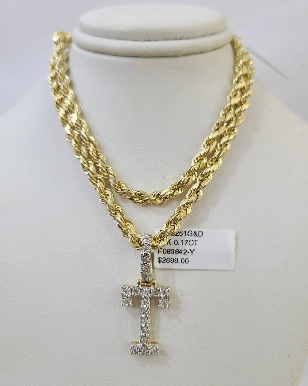 10k Rope Chain T Diamond Initial Charm Necklace Pendant Set 4mm 20"-30" Gold - Image 2