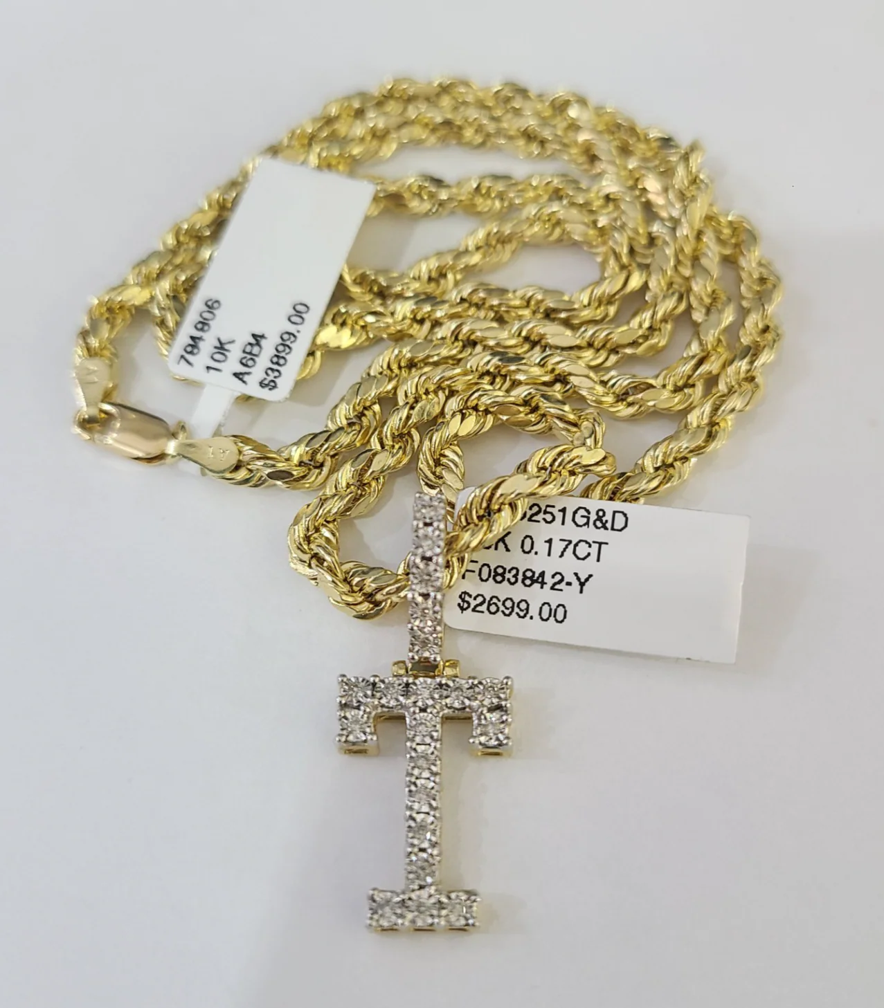 10k Rope Chain T Diamond Initial Charm Necklace Pendant Set 4mm 20"-30" Gold - Image 4