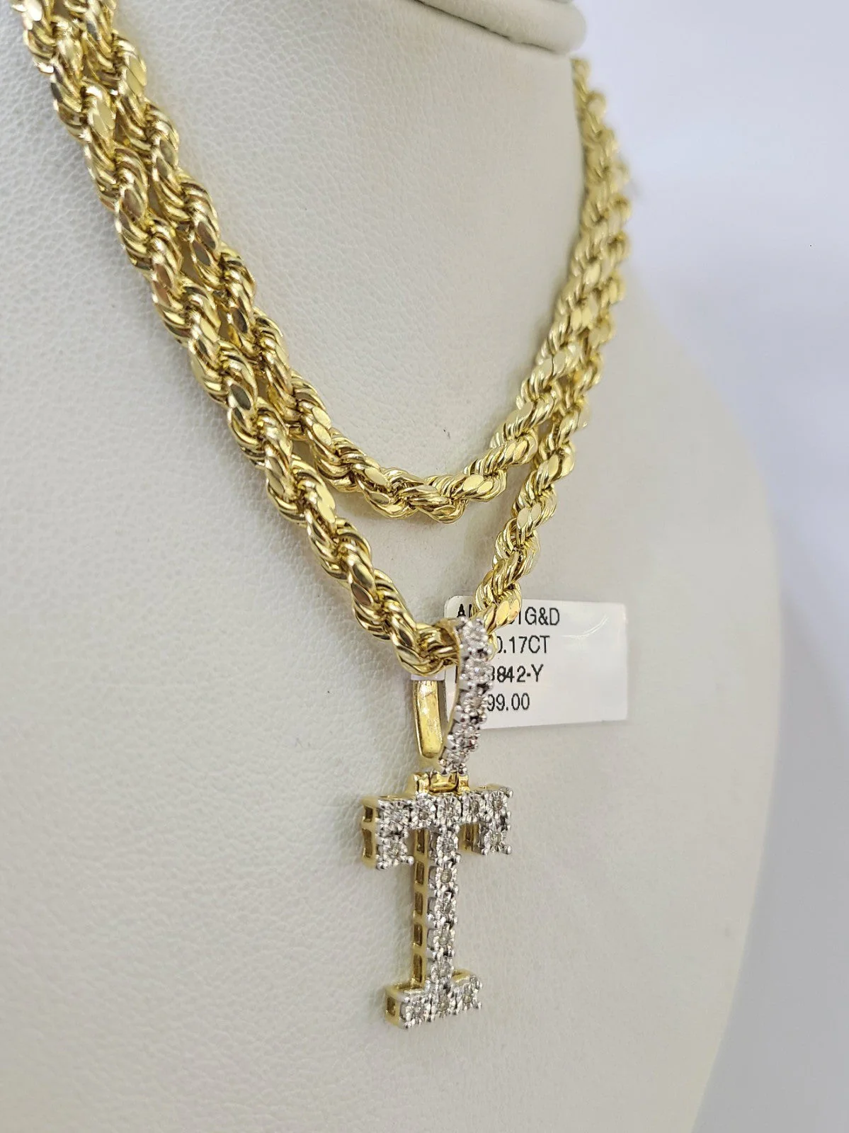 10k Rope Chain T Diamond Initial Charm Necklace Pendant Set 4mm 20"-30" Gold - Image 5