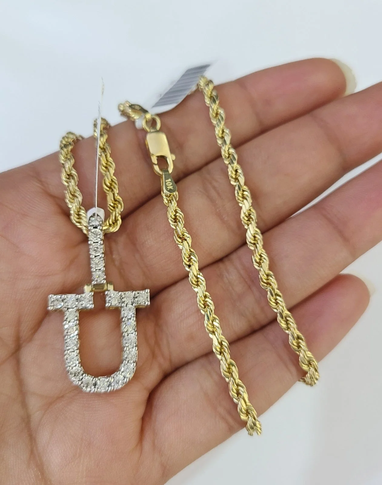 10k Rope Chain U Diamond Initial Charm Necklace Pendant Set 2mm 18"-24" Gold - Image 3