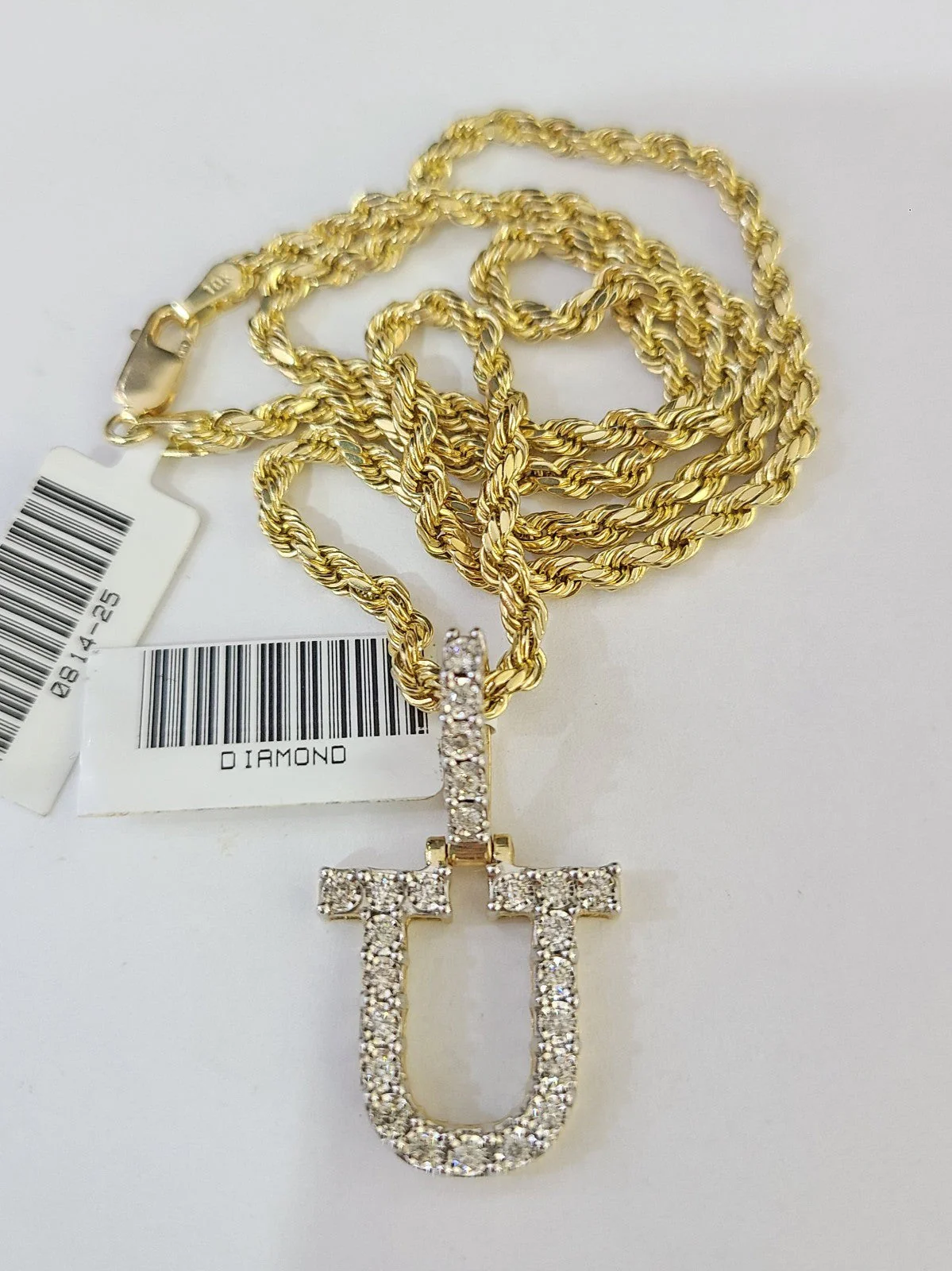 10k Rope Chain U Diamond Initial Charm Necklace Pendant Set 2mm 18"-24" Gold - Image 4