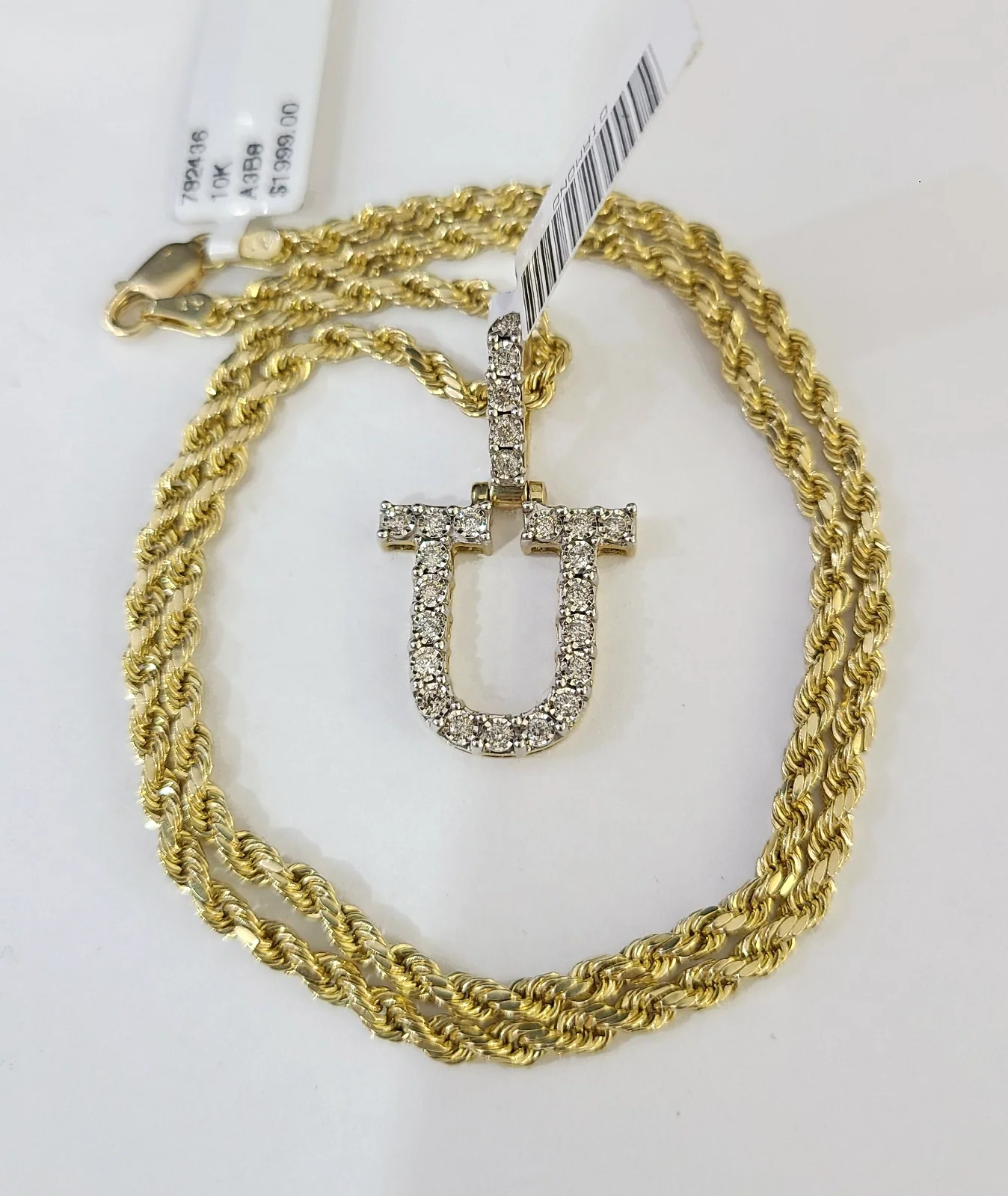 10k Rope Chain U Diamond Initial Charm Necklace Pendant Set 2mm 18"-24" Gold - Image 5