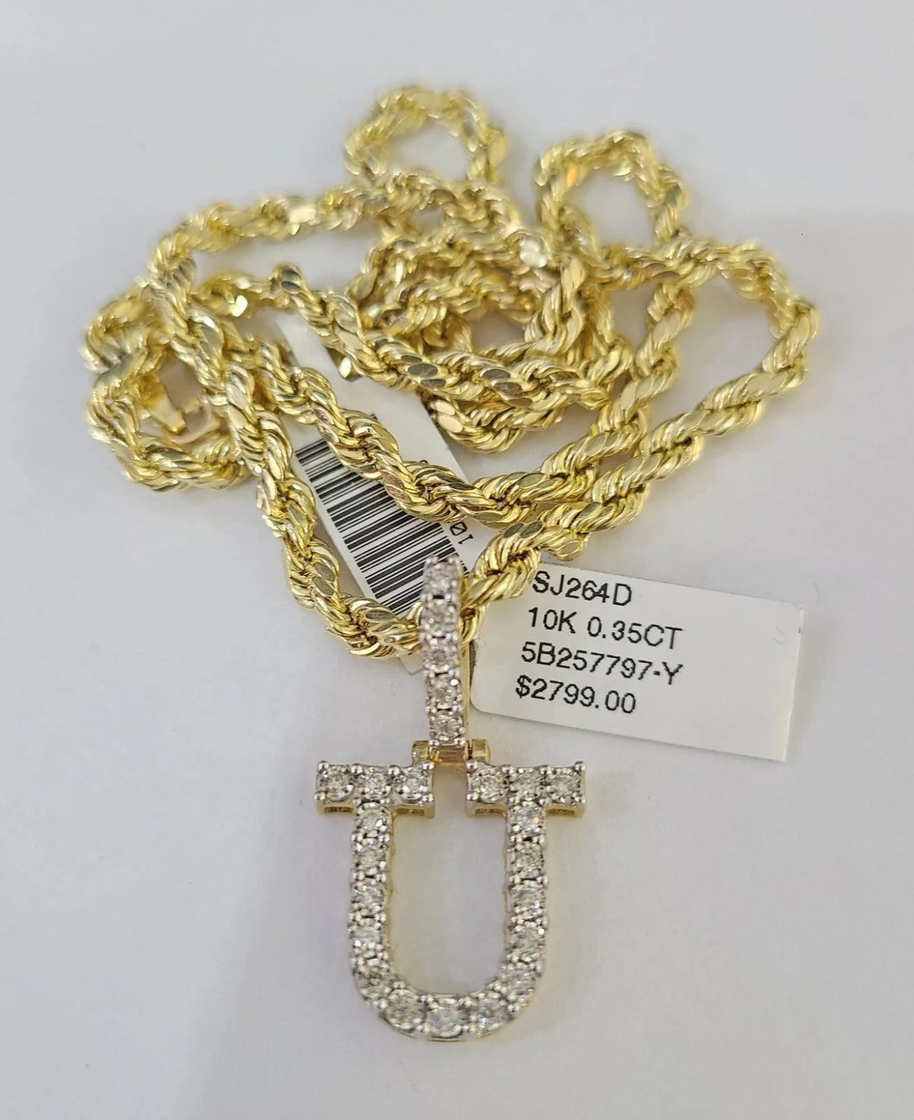 10k Rope Chain U Diamond Initial Charm Necklace Pendant Set 4mm 20"-30" Gold - Image 3