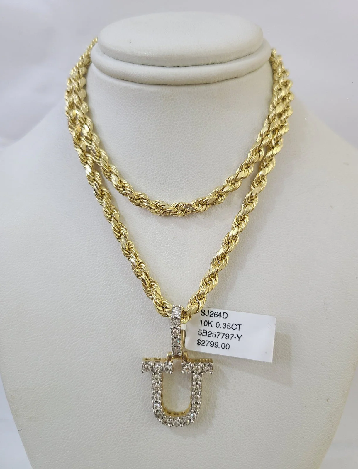 10k Rope Chain U Diamond Initial Charm Necklace Pendant Set 4mm 20"-30" Gold - Image 4