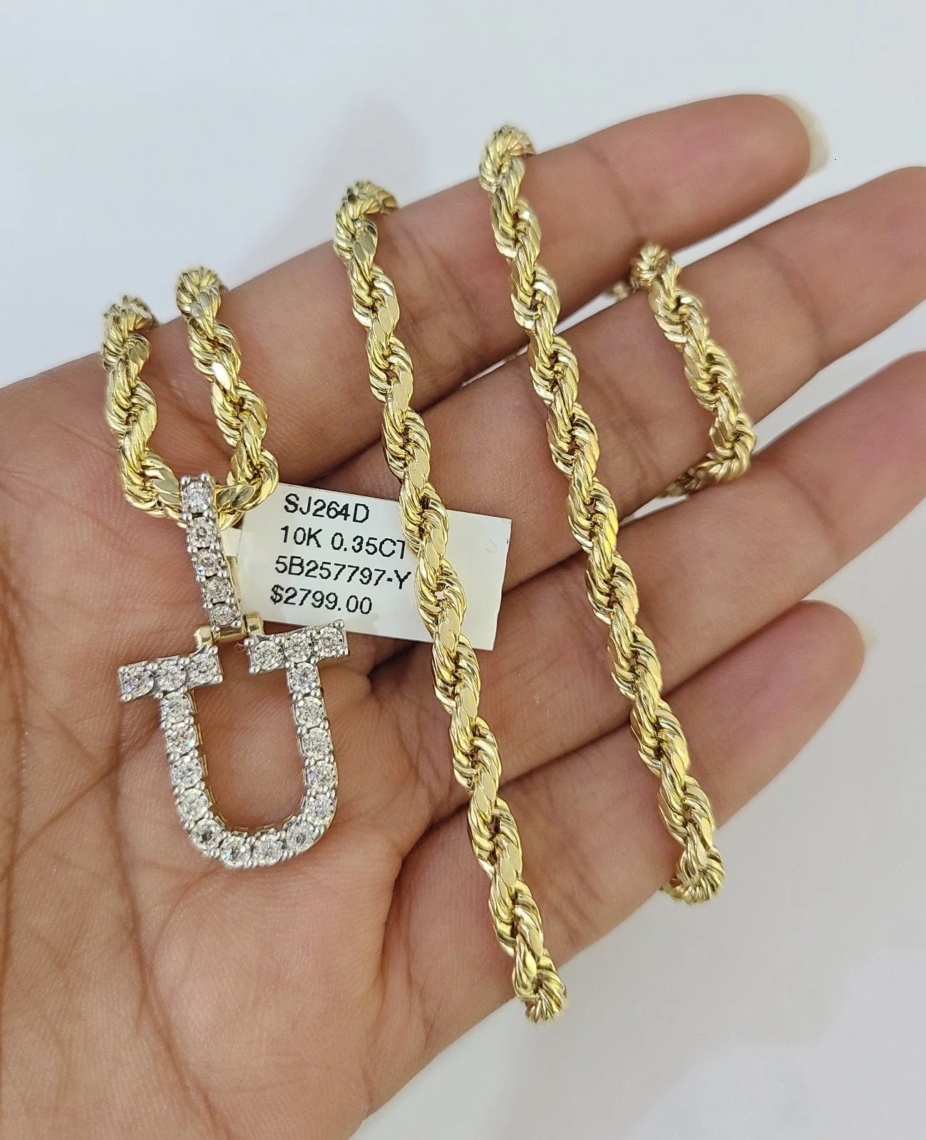 10k Rope Chain U Diamond Initial Charm Necklace Pendant Set 4mm 20"-30" Gold - Image 5