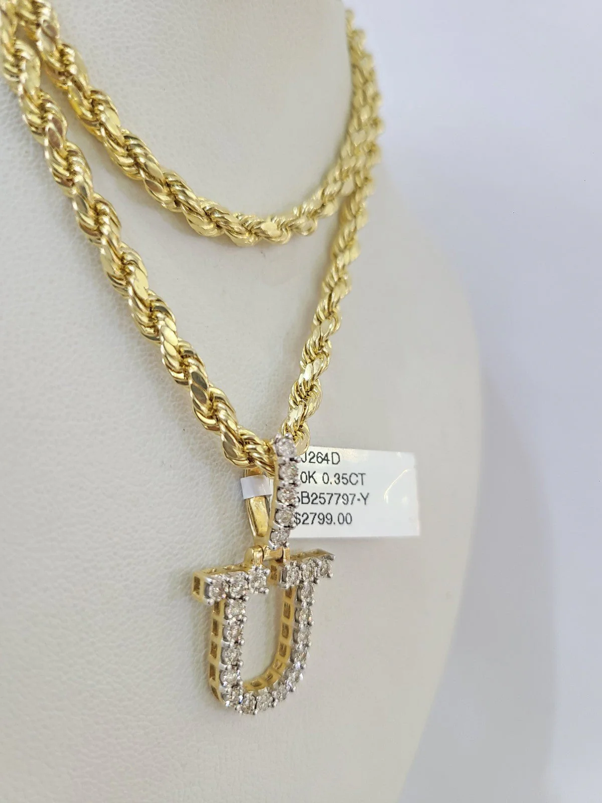10k Rope Chain U Diamond Initial Charm Necklace Pendant Set 4mm 20"-30" Gold - Image 6