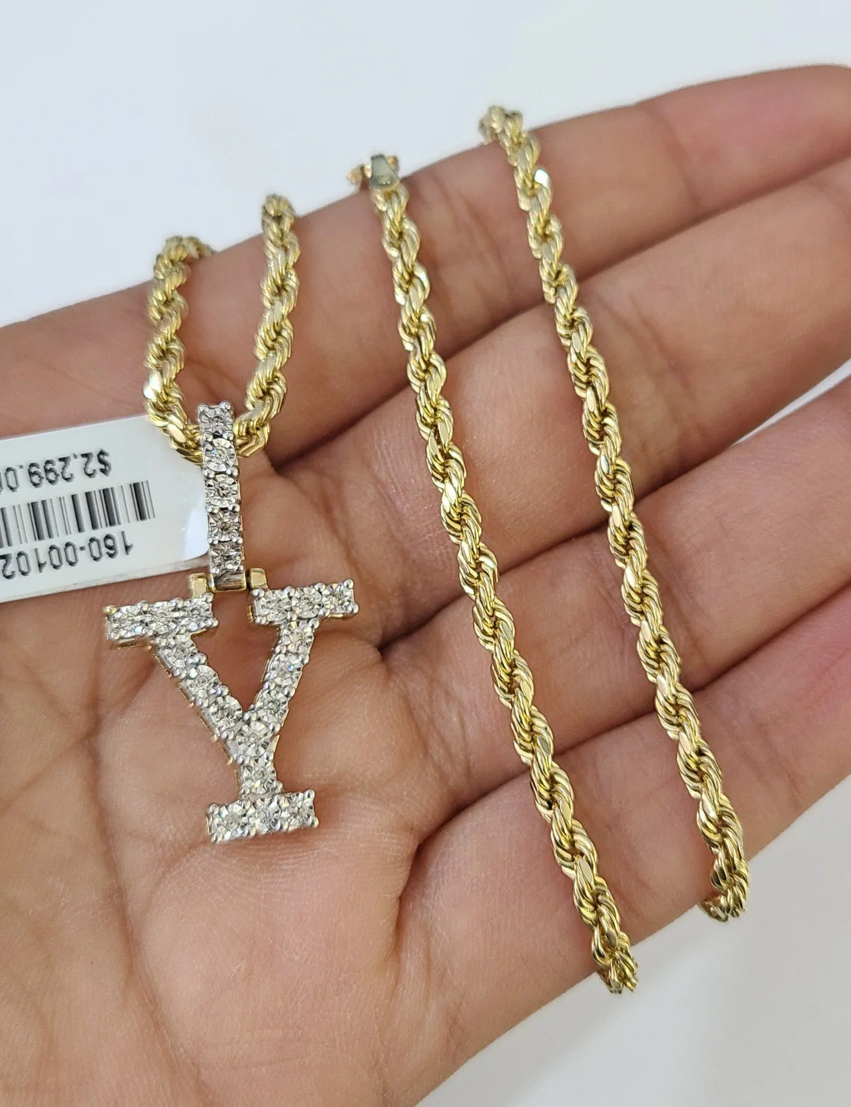 10k Rope Chain Y Diamond Initial Charm Necklace Pendant Set 2mm 18"-24" Gold - Image 2