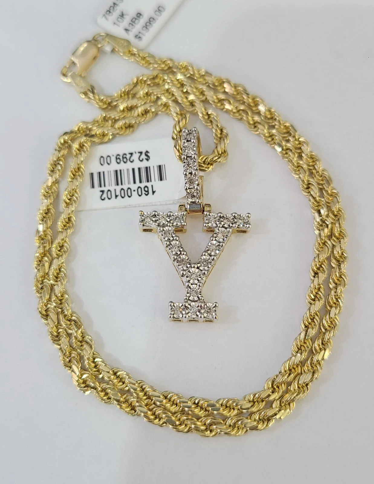 10k Rope Chain Y Diamond Initial Charm Necklace Pendant Set 2mm 18"-24" Gold - Image 3