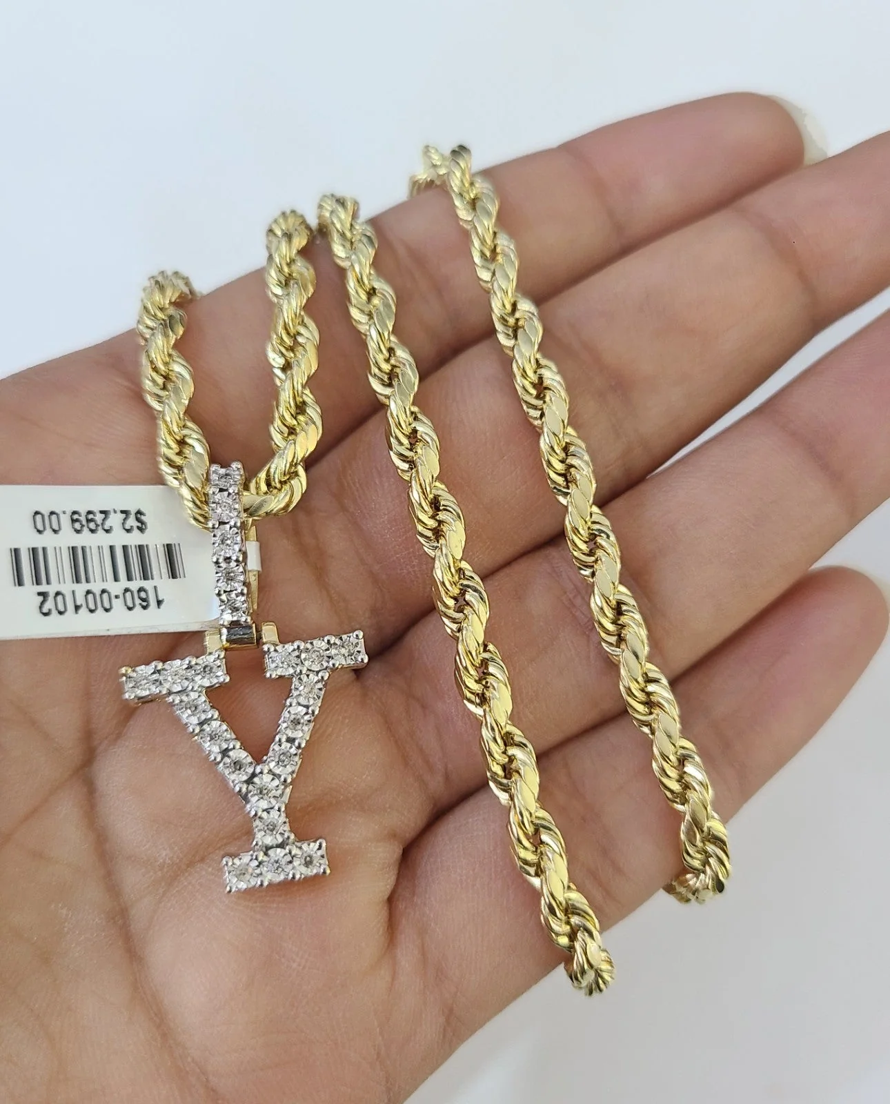 10k Rope Chain Y Diamond Initial Charm Necklace Pendant Set 4mm 20"-30" Gold - Image 6