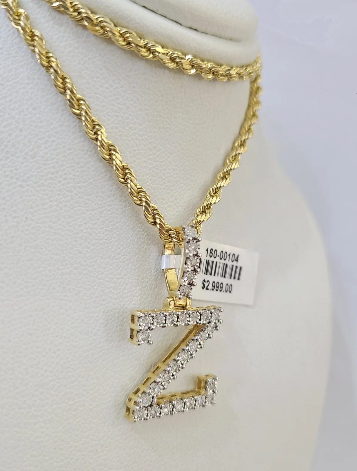 10k Rope Chain Z Diamond Initial Charm Necklace Pendant Set 2mm 18"-24" Gold - Image 3