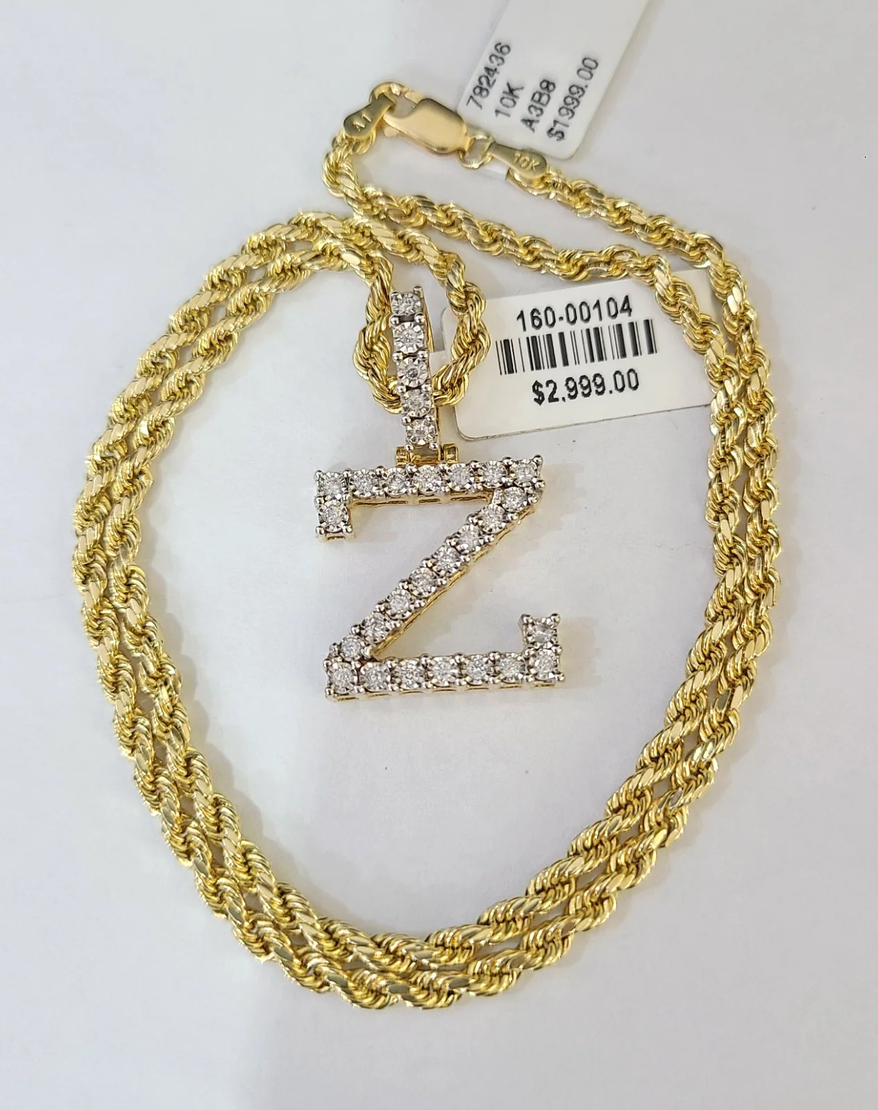 10k Rope Chain Z Diamond Initial Charm Necklace Pendant Set 2mm 18"-24" Gold - Image 5