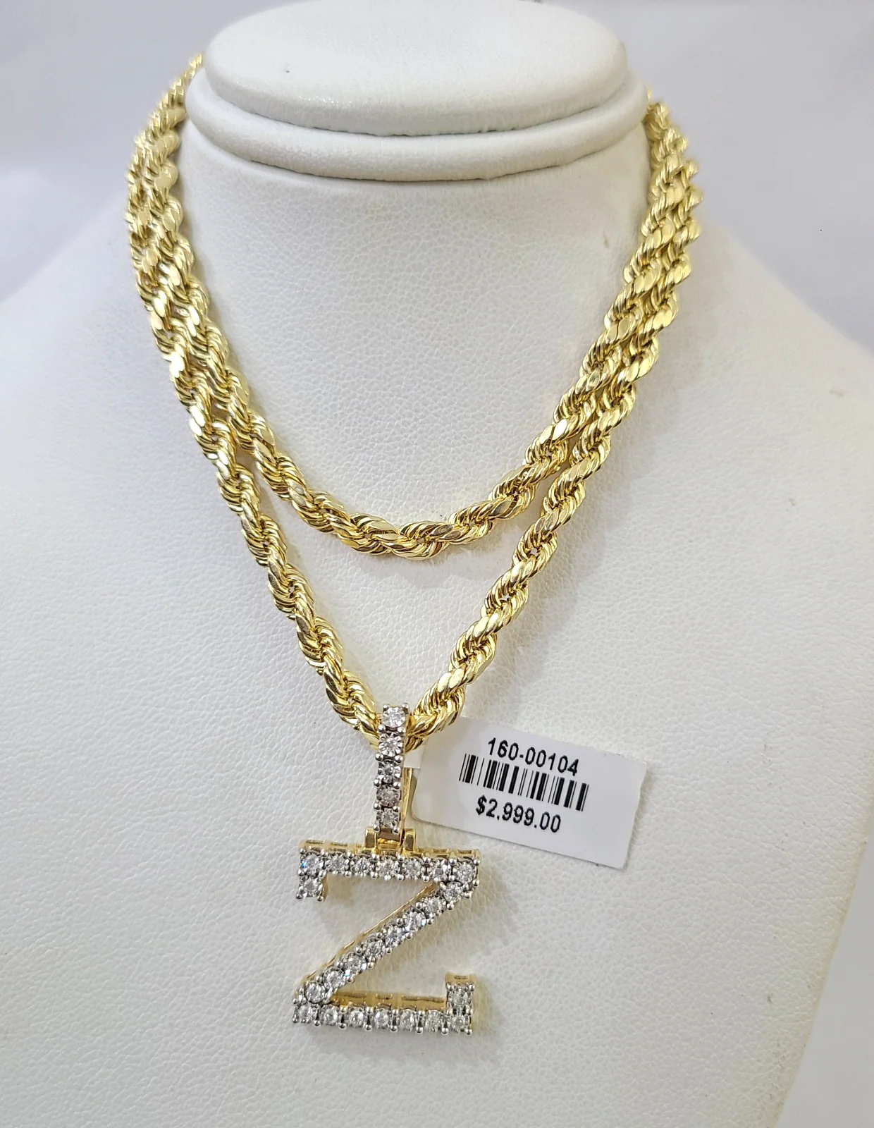10k Rope Chain Z Diamond Initial Charm Necklace Pendant Set 4mm 20"-30" Gold - Image 2