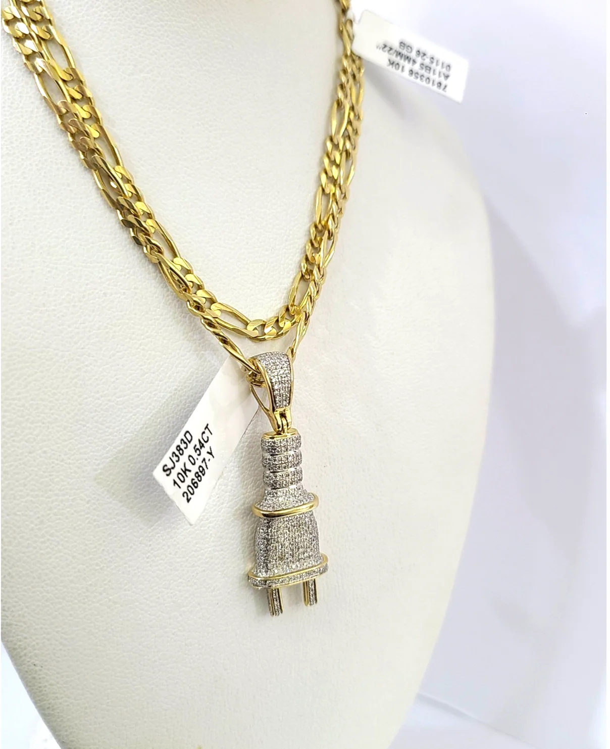 10k Solid Figaro Chain Plug Diamond Charm Necklace SET 4mm 22" Pendant - Image 2