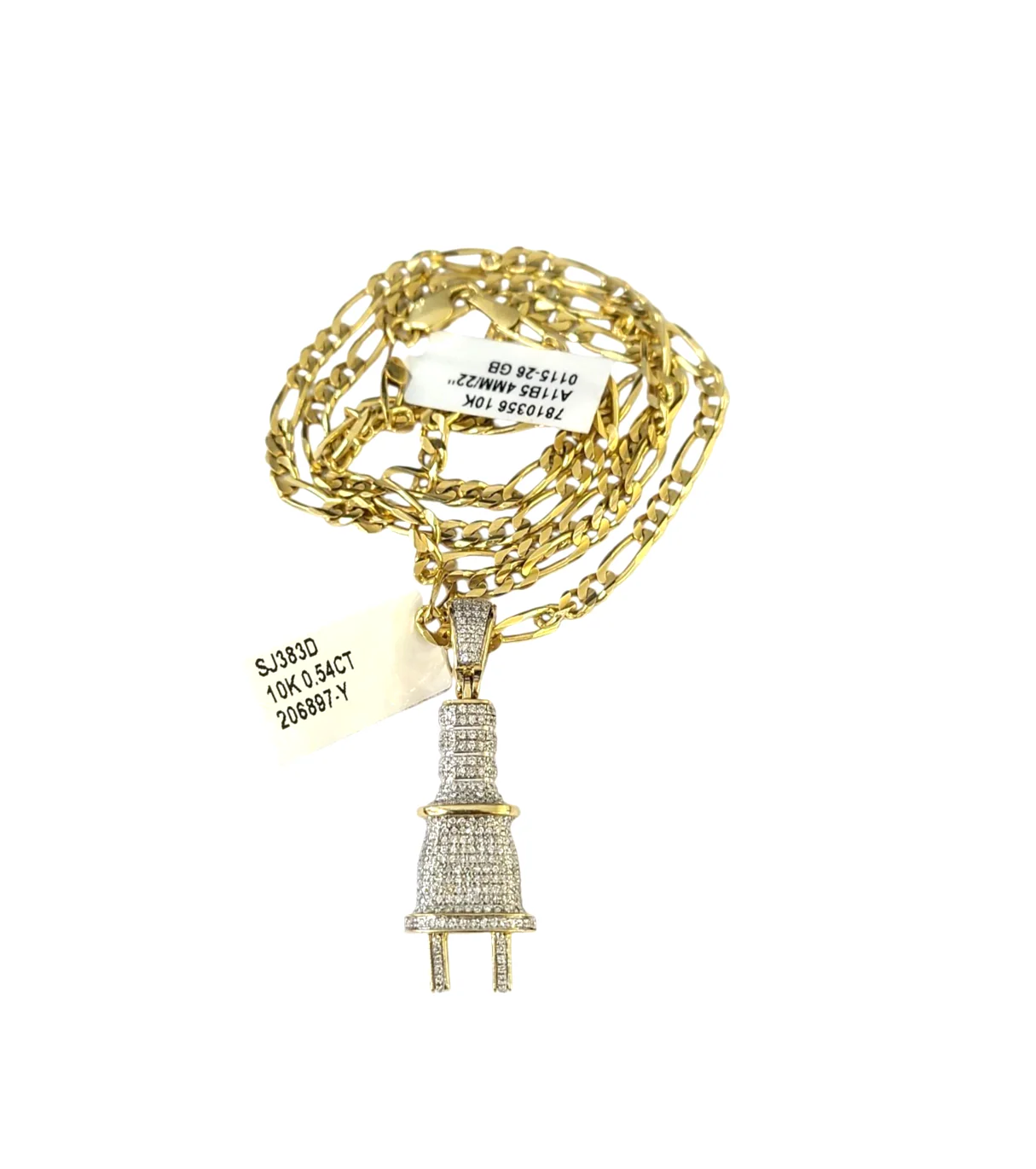 10k Solid Figaro Chain Plug Diamond Charm Necklace SET 4mm 22" Pendant - Image 4