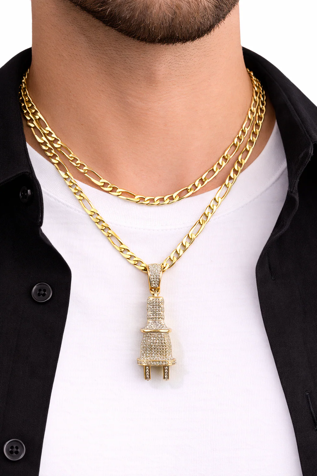 10k Solid Figaro Chain Plug Diamond Charm Necklace SET 4mm 22" Pendant - Image 6