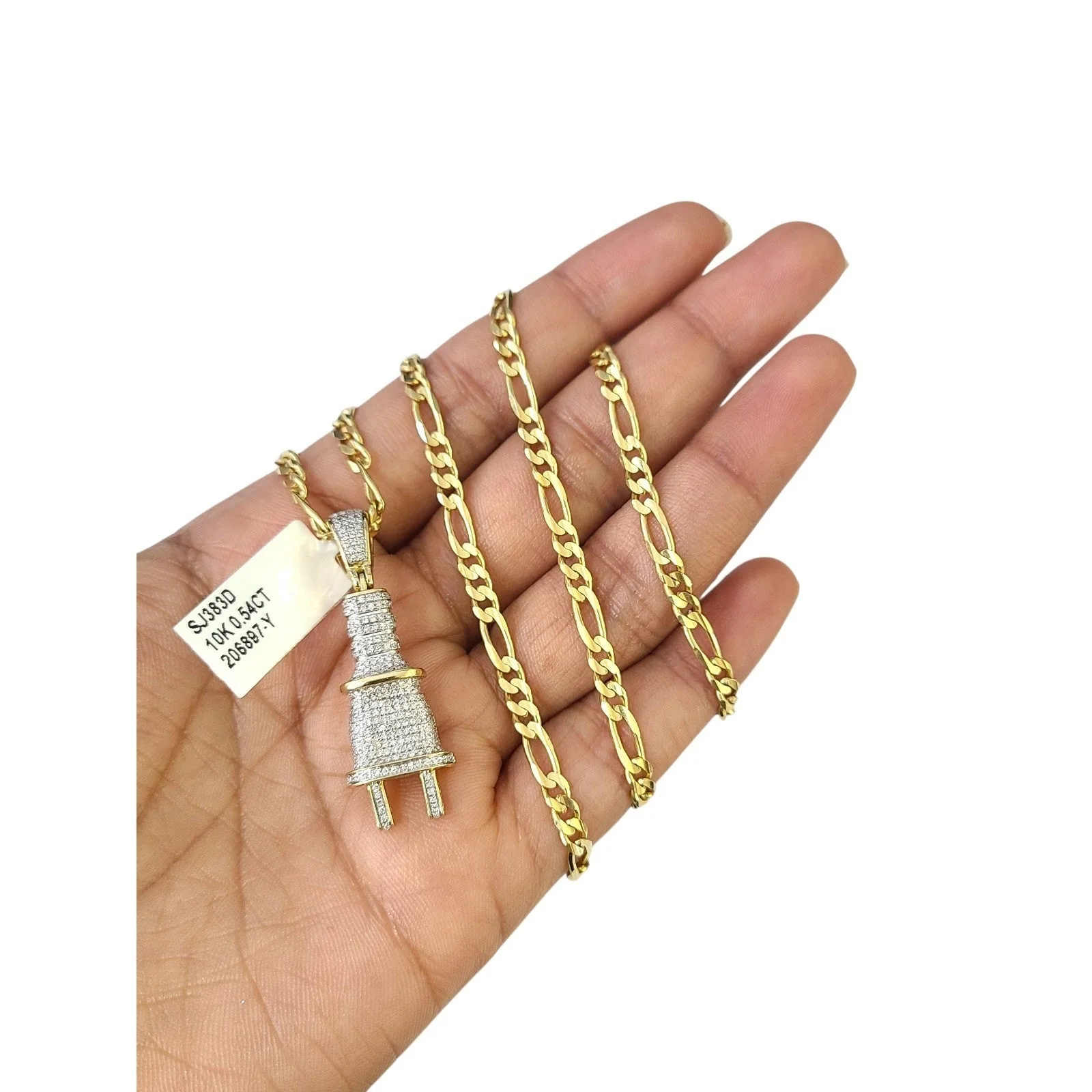 10k Solid Figaro Chain Plug Diamond Charm Necklace SET 4mm 22" Pendant - Image 7