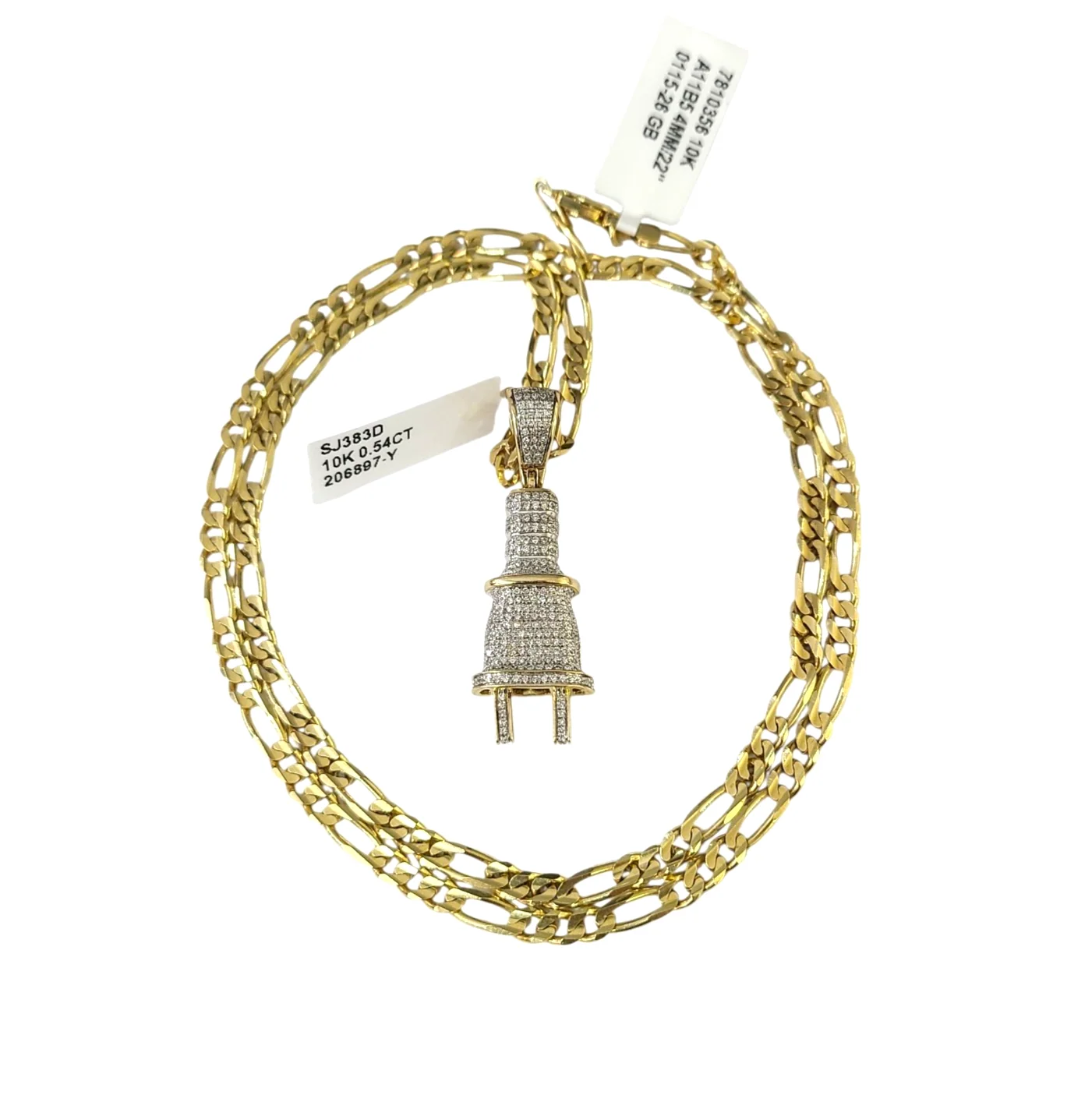 10k Solid Figaro Chain Plug Diamond Charm Necklace SET 4mm 22" Pendant - Image 8
