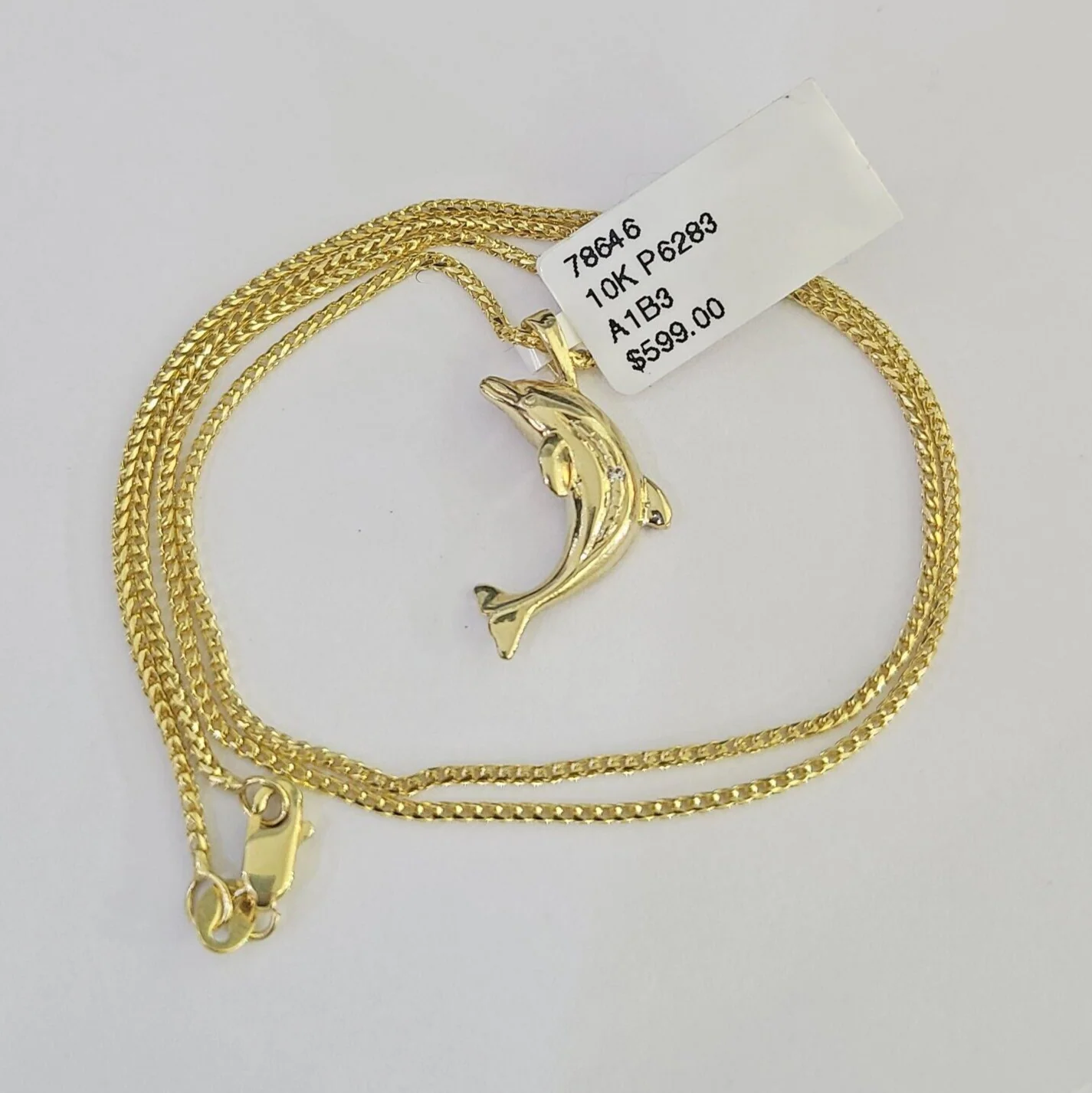 10K Solid Franco Chain Dolphin Pendant Charm Necklace 16"-22" 1mm Gold - Image 4