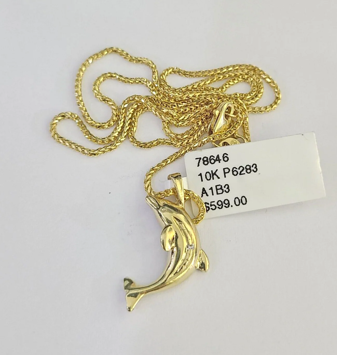 10K Solid Franco Chain Dolphin Pendant Charm Necklace 16"-22" 1mm Gold - Image 5