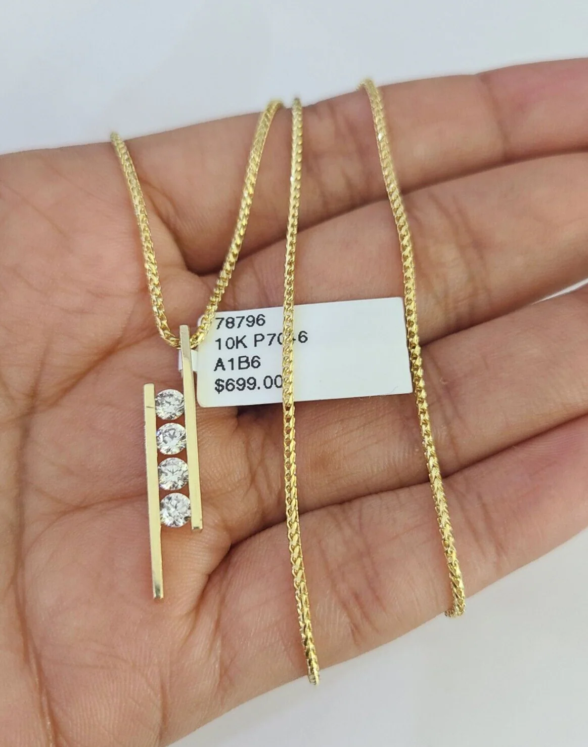 10K Solid Franco Chain Four Stones Pendant Charm Necklace 16"-22" 1mm Gold - Image 4