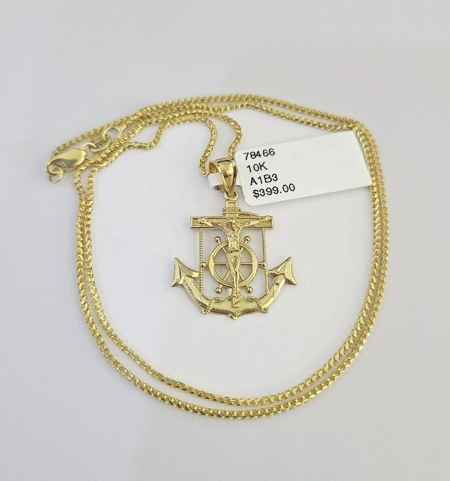 10K Solid Franco Chain Jesus Anchor Pendant Charm Necklace 16"-22" 1mm Gold - Image 3