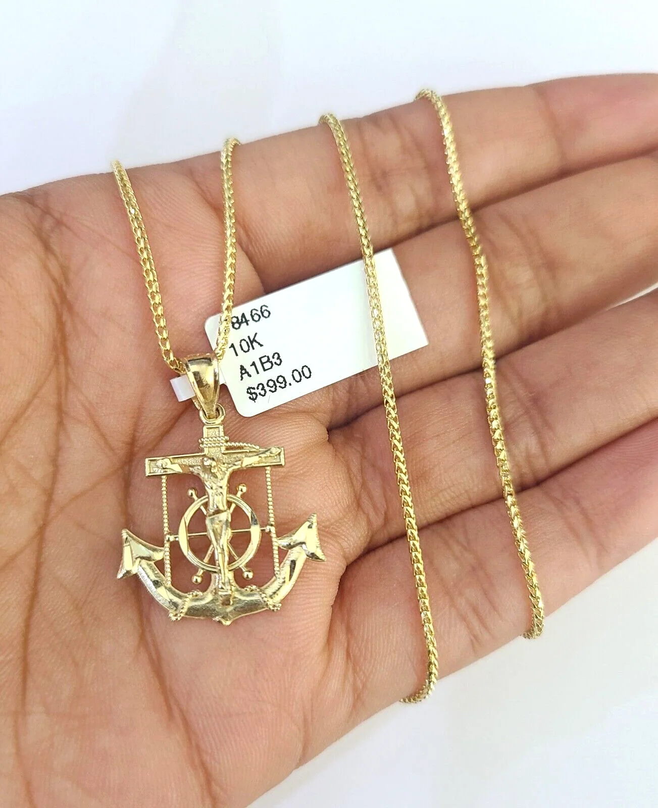 10K Solid Franco Chain Jesus Anchor Pendant Charm Necklace 16"-22" 1mm Gold - Image 4