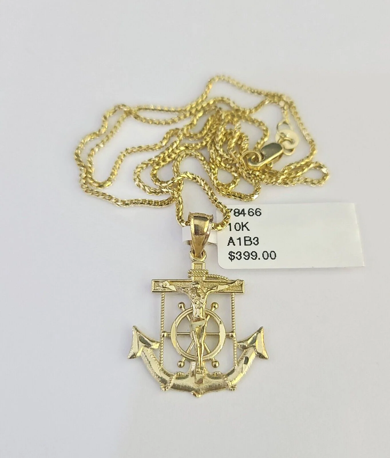 10K Solid Franco Chain Jesus Anchor Pendant Charm Necklace 16"-22" 1mm Gold - Image 5