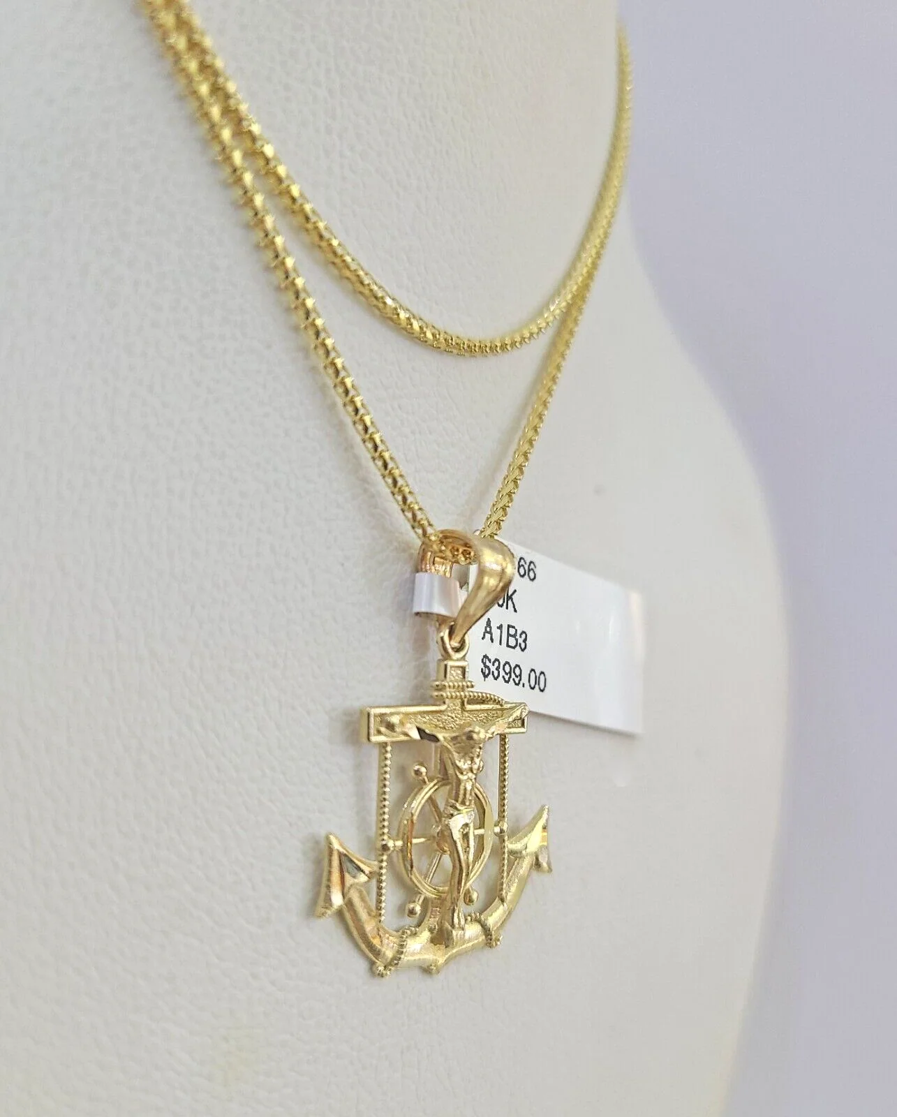 10K Solid Franco Chain Jesus Anchor Pendant Charm Necklace 16"-22" 1mm Gold - Image 6