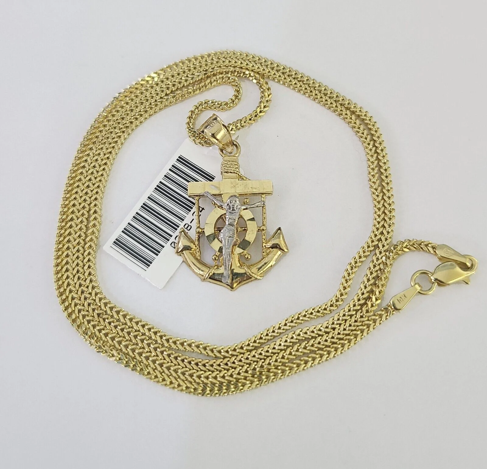 10K Solid Franco Chain Jesus Anchor Pendant Charm Necklace 18"-24" 1mm Gold - Image 3
