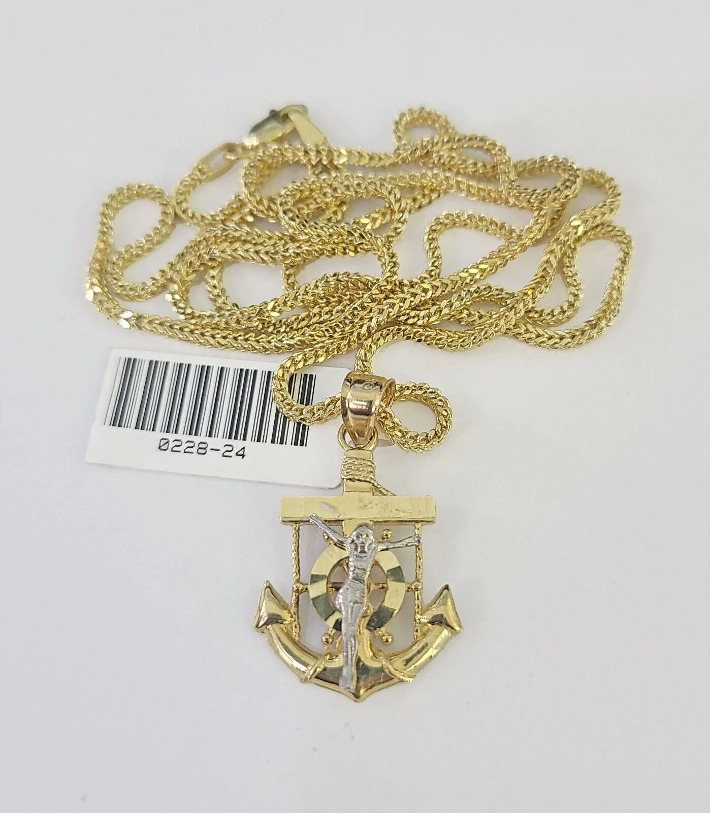 10K Solid Franco Chain Jesus Anchor Pendant Charm Necklace 18"-24" 1mm Gold - Image 4