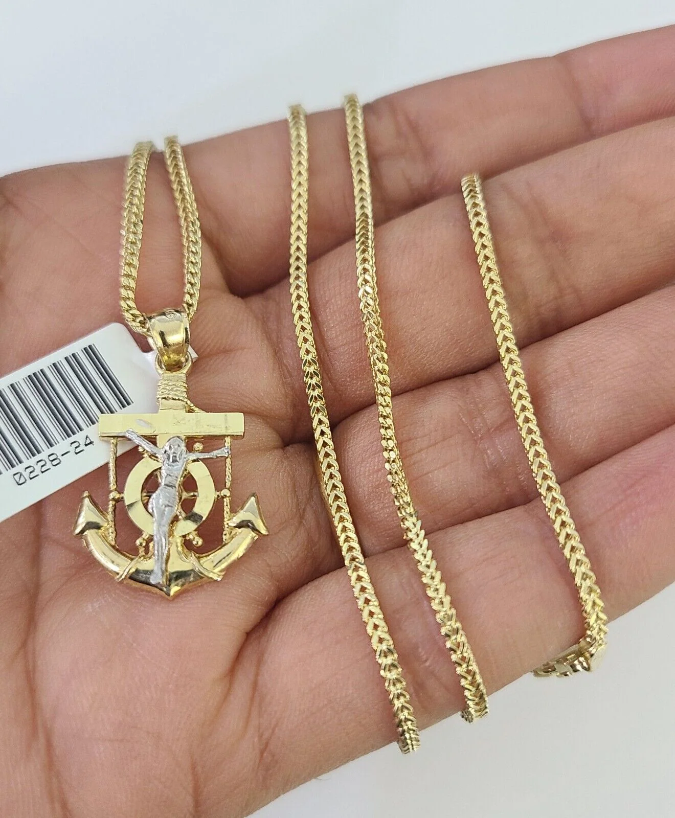 10K Solid Franco Chain Jesus Anchor Pendant Charm Necklace 18"-24" 1mm Gold - Image 5