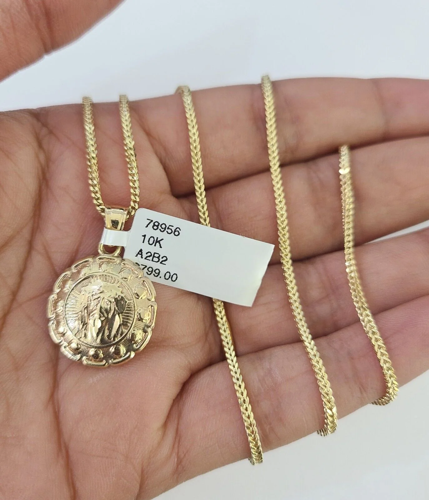 10K Solid Franco Chain Jesus Virgin Mary Pendant Charm Necklace 18"-24" 1mm Gold - Image 3