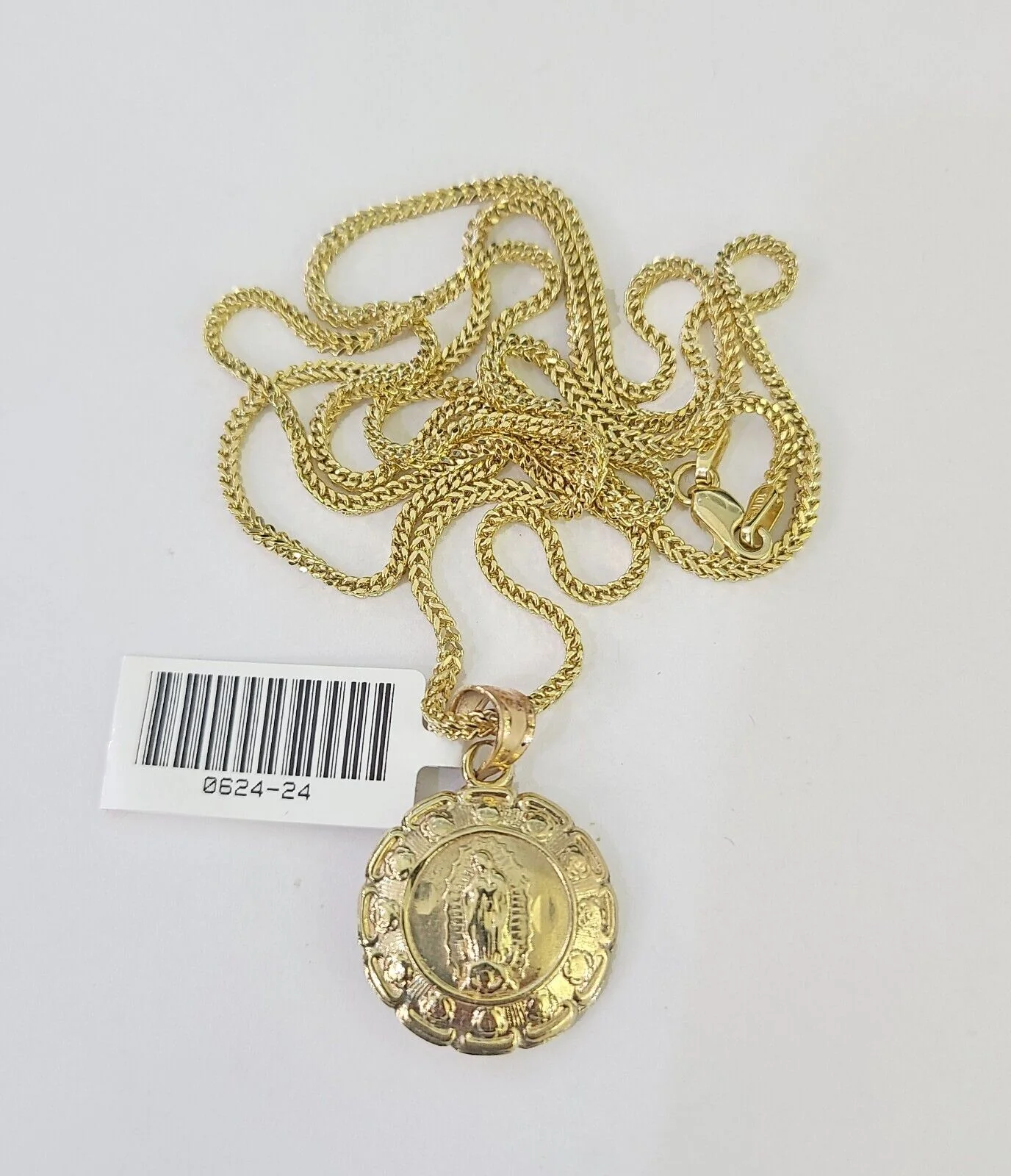 10K Solid Franco Chain Jesus Virgin Mary Pendant Charm Necklace 18"-24" 1mm Gold - Image 4