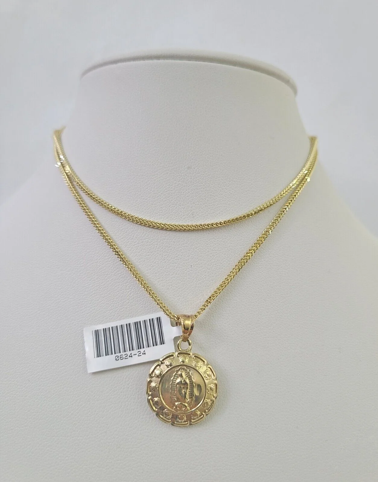 10K Solid Franco Chain Jesus Virgin Mary Pendant Charm Necklace 18"-24" 1mm Gold - Image 6
