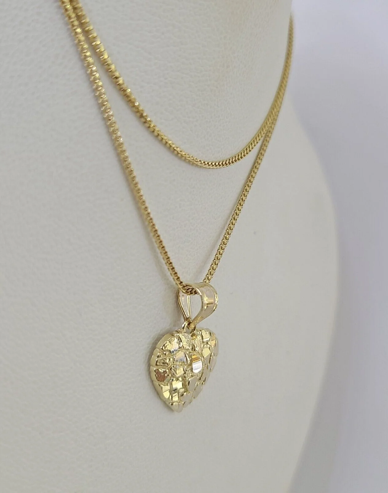 10K Solid Franco Chain Nugget Heart Pendant Charm Necklace 18"-24" 1mm Gold - Image 2