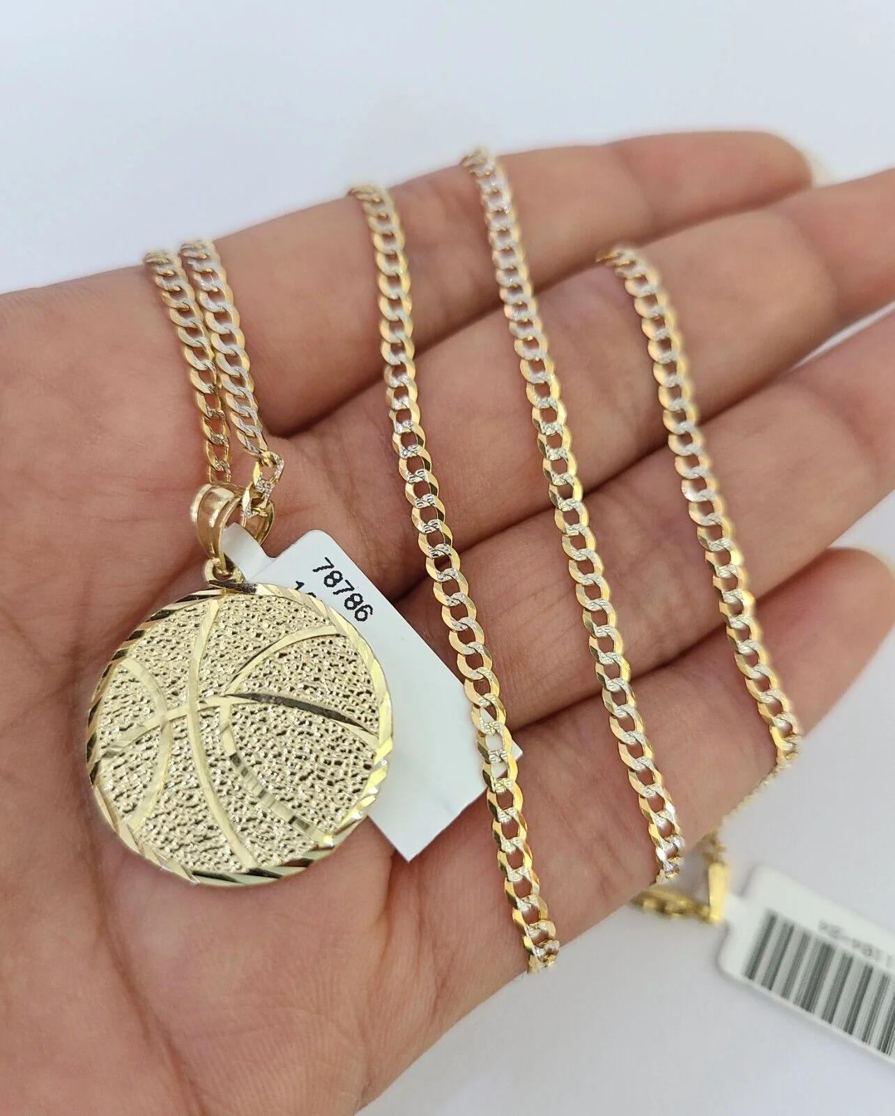 10k Solid Gold Cuban Curb Chain Basket Ball Pendant 2mm 18"-24" SET Necklace - Image 3